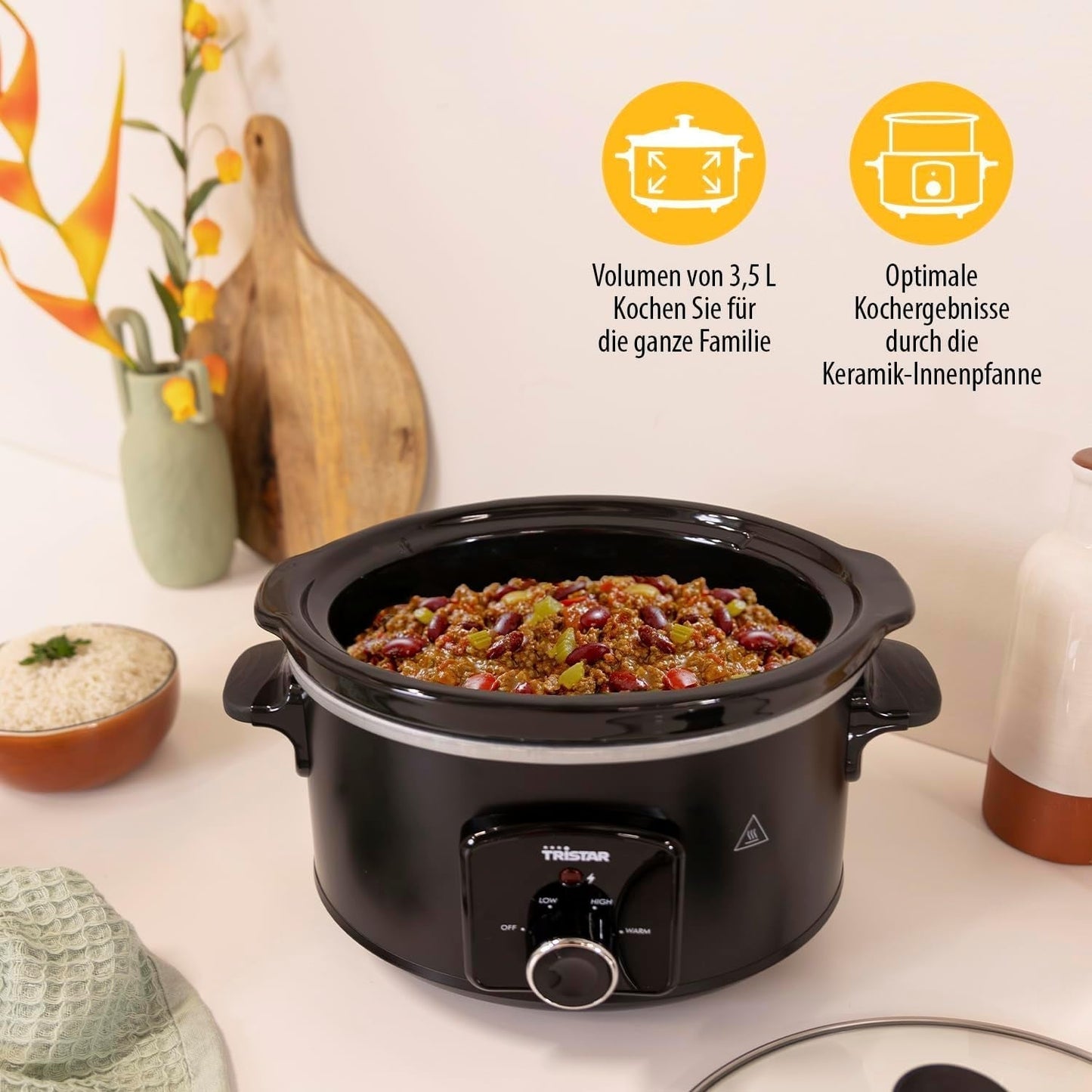 Tristar VS-3915 slowcooker, roestvrijstalen keramische pot met 2 warmtestanden en warmhoudfunctie, 3,5 L Slowcooker Naty Shop