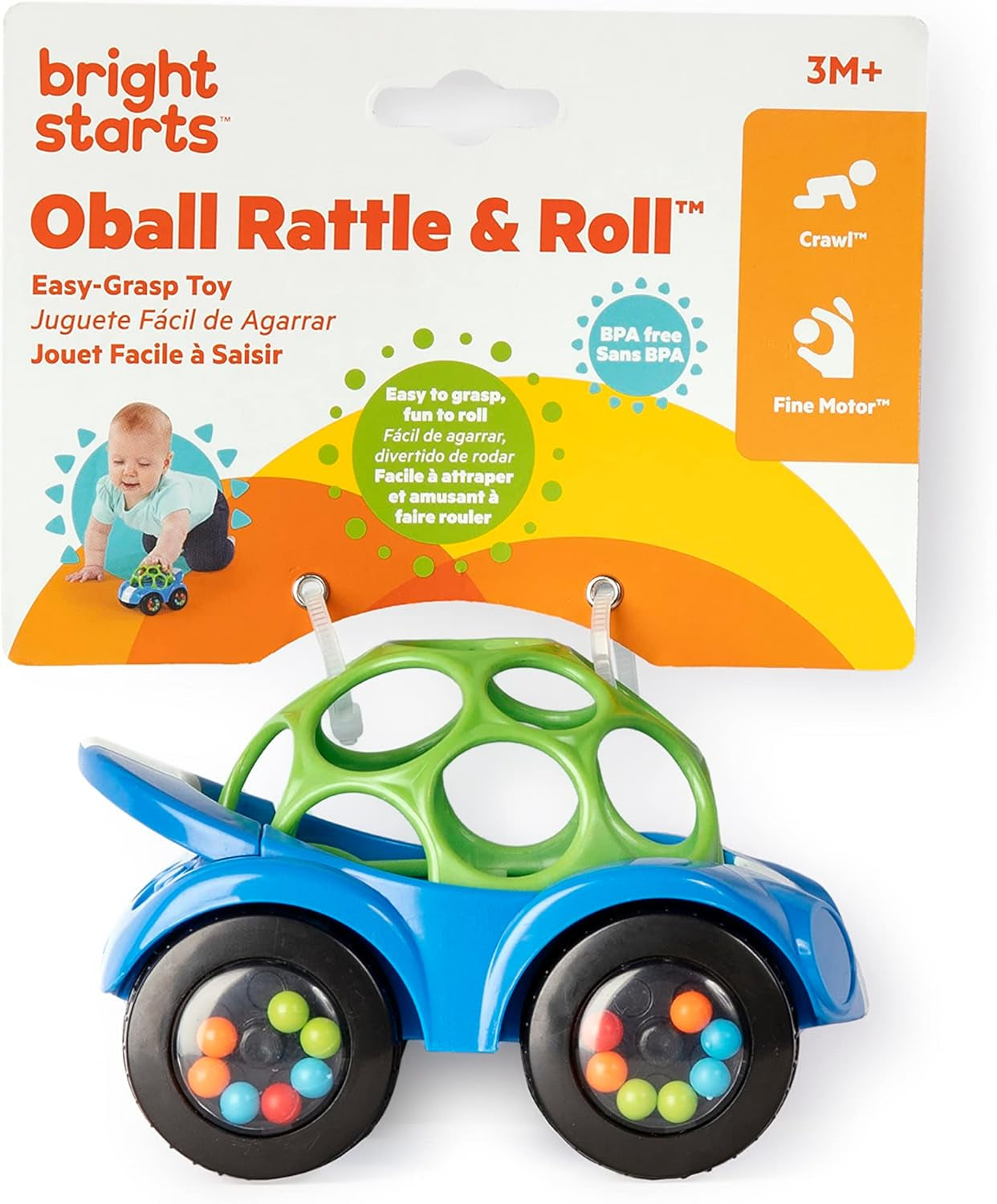 Bright Starts Oball Rammelaar Speelgoedauto Motorspeelgoed voor baby's en peuters vanaf 3 maanden 1 stuk Willekeurige kleur Blauw of rood Babyspeelgoed Naty Shop