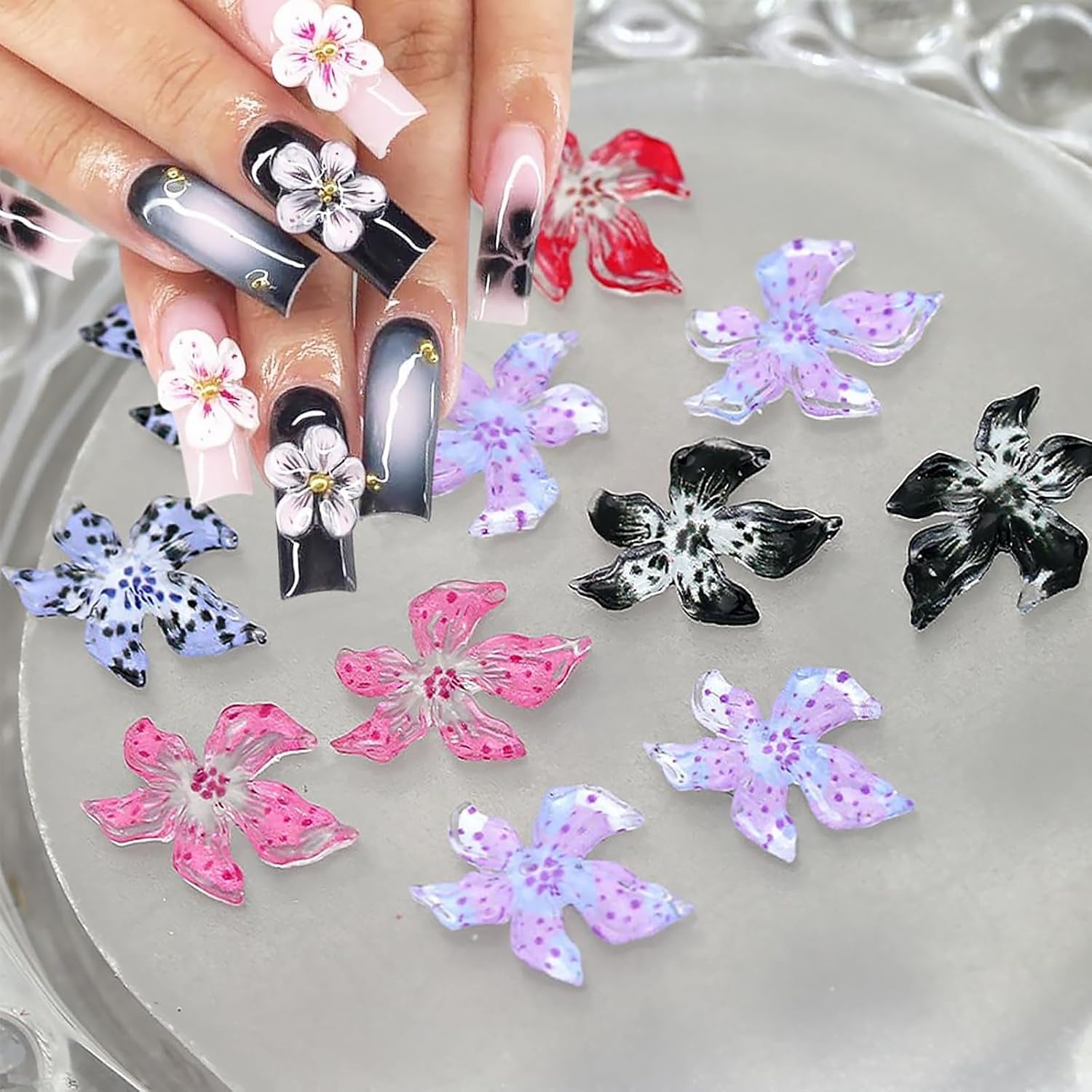 50 stuks 3D bloem nagelbedels, 3D gel nail art, nagelbedels, kleurrijke zomersieraden, doe-het-zelf nagelaccessoires, reliëf hibiscusbloemkristallen, gradiënt nagelkunst voor vrouwen