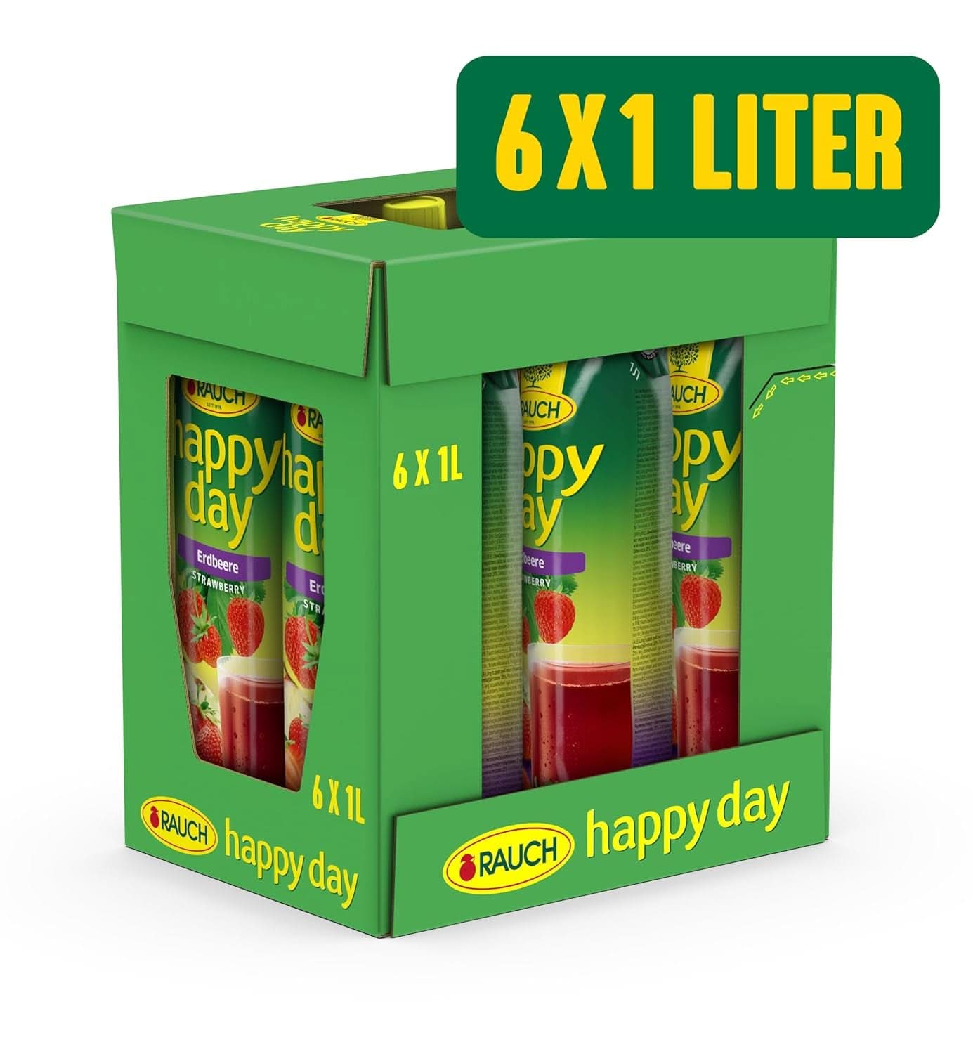 Rauch Happy Day Aardbei | Intense aardbeiensmaak | Verfijnd met appels en citroen | 6X 1 liter, Tetra Prisma Alcoholvrije dranken Naty Shop