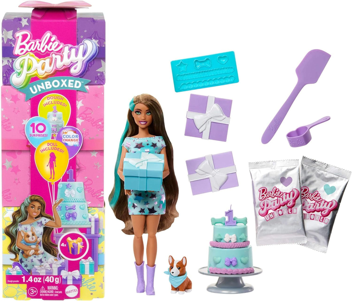 Barbie feestpop zonder doos en accessoires Birthday Pet Series 10 Surprise Party Star Set inclusief kleurveranderingseffect en taartdecoraties JFG72