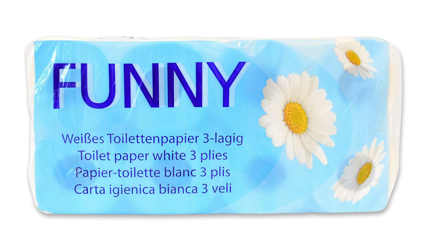Grappig toiletpapier AG-014, 3-laags, 250 vellen, 9,5 cm x 11 cm, wit, enkel pakket van 8 rollen