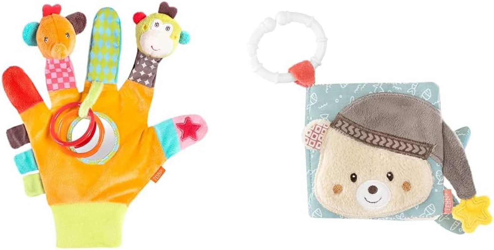Fehn speelhandschoen safari - vingerpoppetjes babyspeelgoed aap en olifant om vast te pakken en geluidjes te maken & zacht prentenboek Bruno - voelboekje voor kinderen met dierenmotieven Bebe Toys Naty Shop Safari