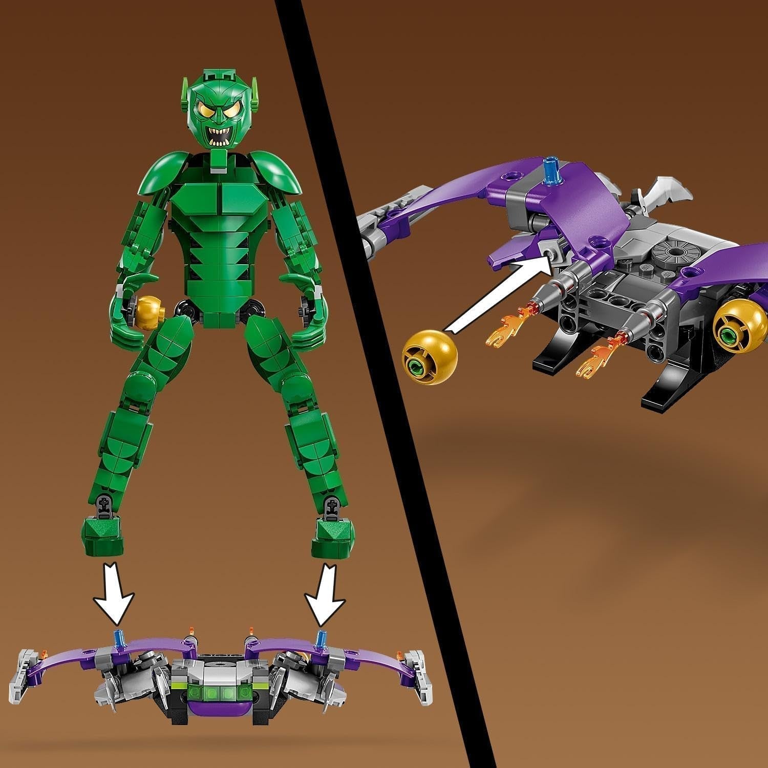 LEGO Marvel Green Goblin bouwfiguur, beweegbaar superschurk bouwspeelgoed voor kinderen vanaf 8 jaar, jongens en meisjes, Spider-Man universumset met sliders en pompoenbommen, superheld cadeau-idee 76284 Bouwsets Besuche in LEGO-Store