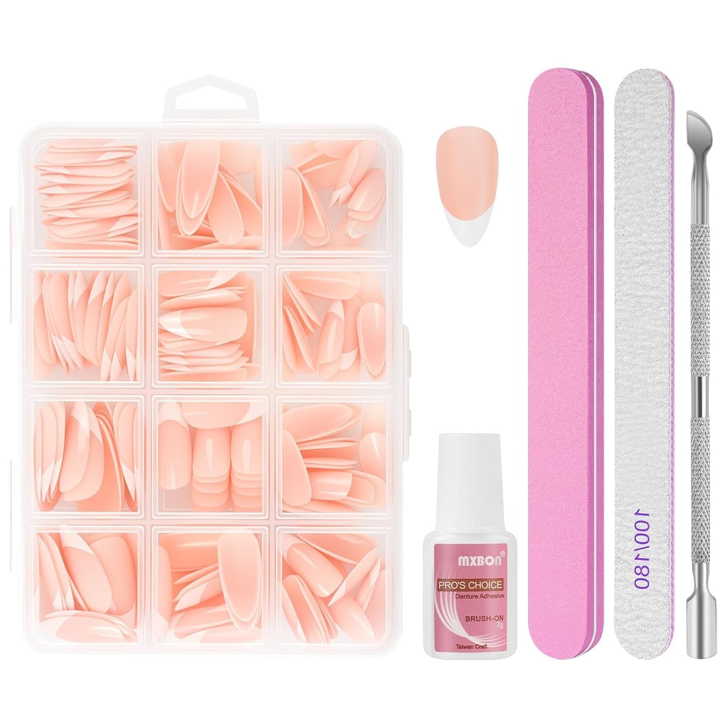 240-delige set valse nageltips, French Press op kunstnagels, pers op Franse nagels, 12 maten, nepnagels met lijm voor dames en heren (naakt wit medium amandel)
