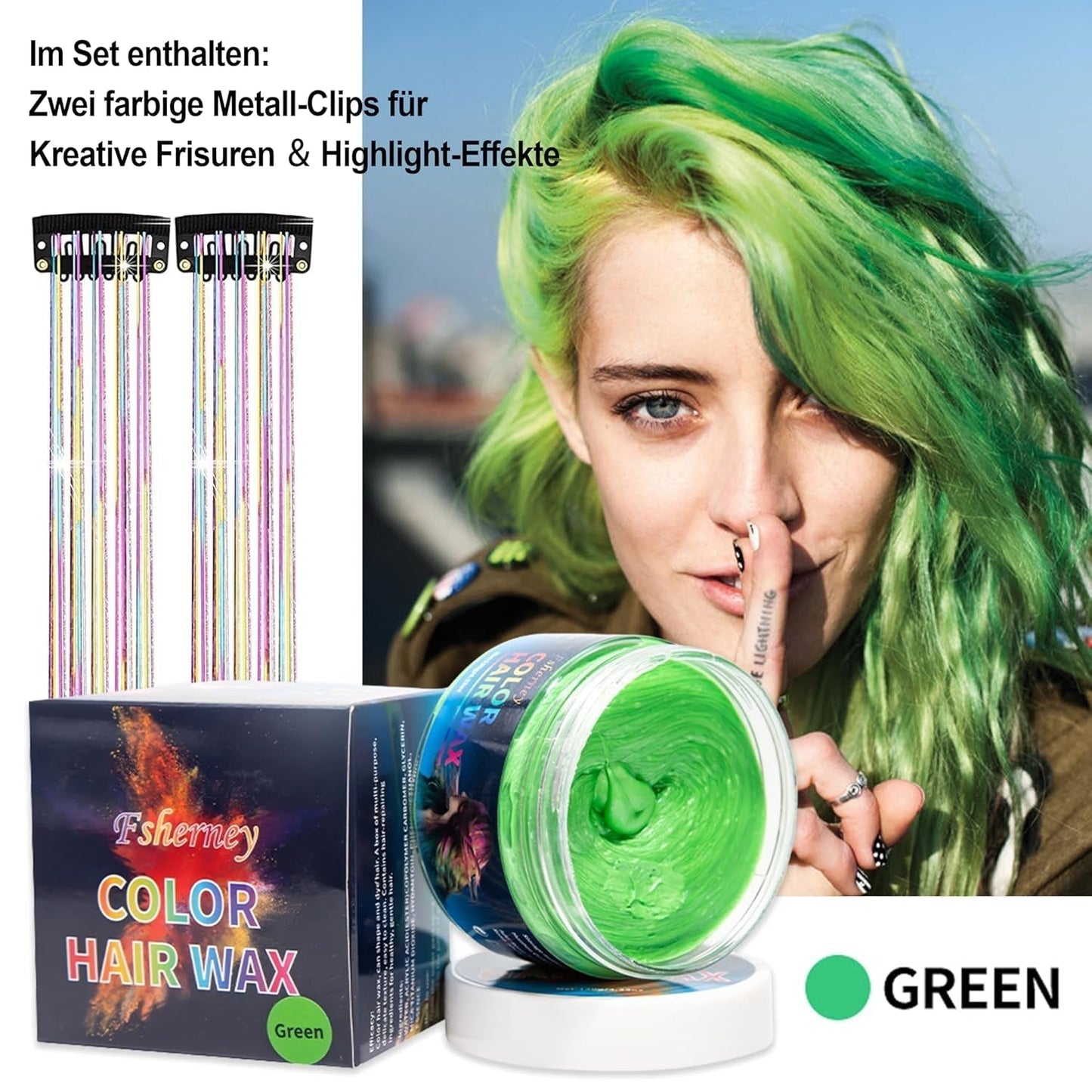 Tijdelijke groene haarverf - haarkleurwas, haarkleur voor mannen en vrouwen, natuurlijke haarpommade, kleurclip haarverfwas voor gekke feesthaarkleur (4,23 oz, groen) Naty Shop haarverf