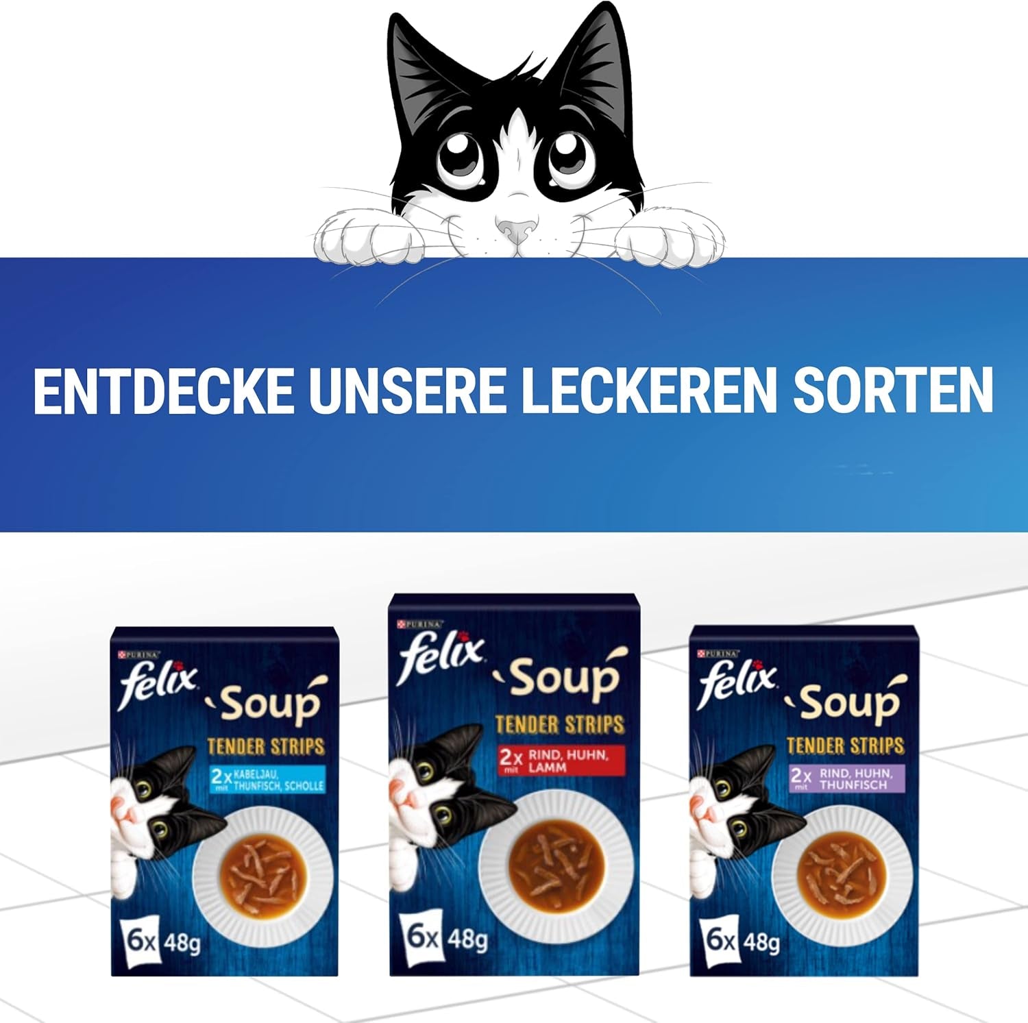 Felix Soepreepjes, Kattensoep, Gemengde Variatie, Verpakking van 8 (8 x 6 zakjes van elk 48 g)