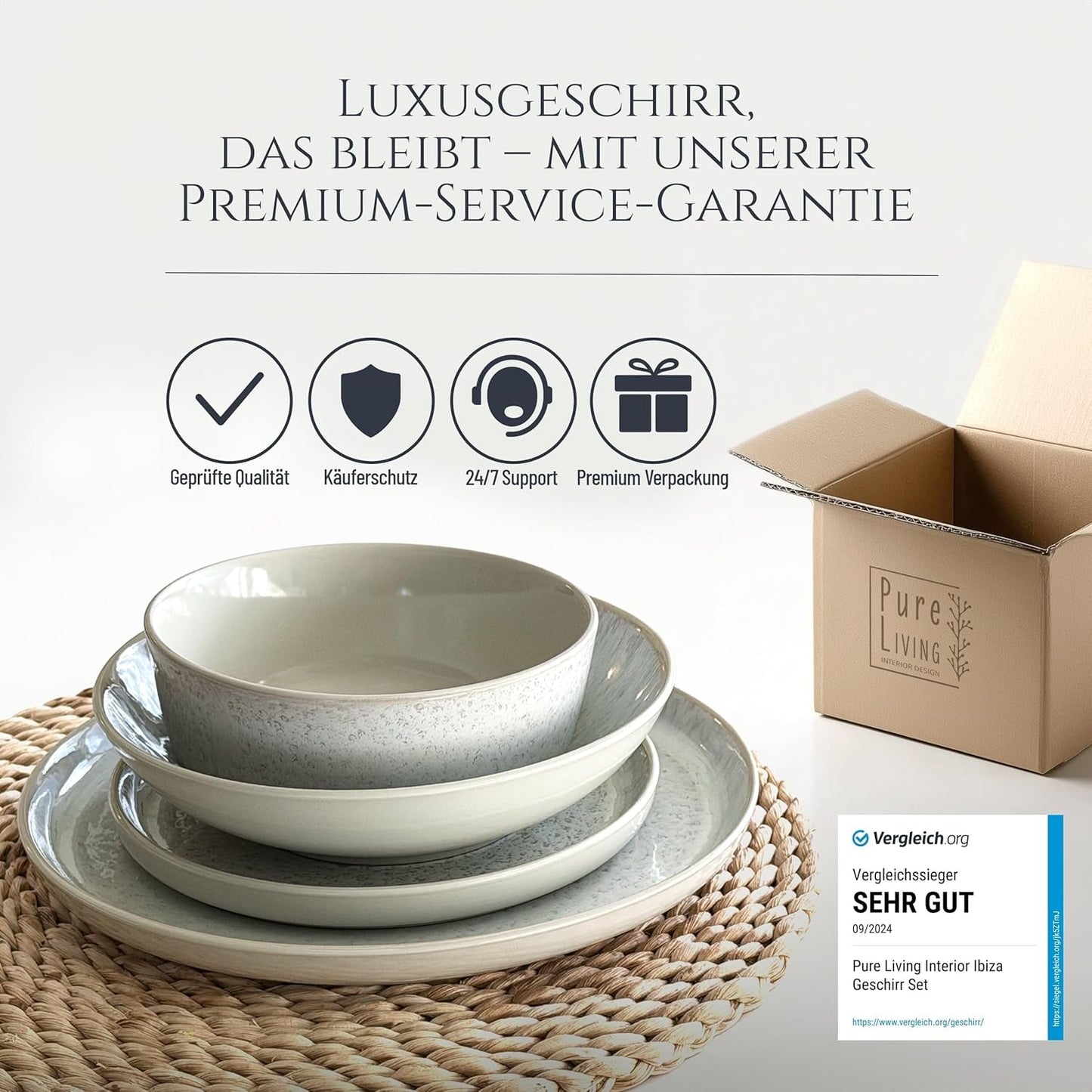 48-delige serviesset van keramiek voor 12 personen, Ibiza-design, TESTWINNAAR. Een prachtig mediterraan servies van keramiek, steengoed, inclusief kommen en borden. Pure Living serviesset, beige.