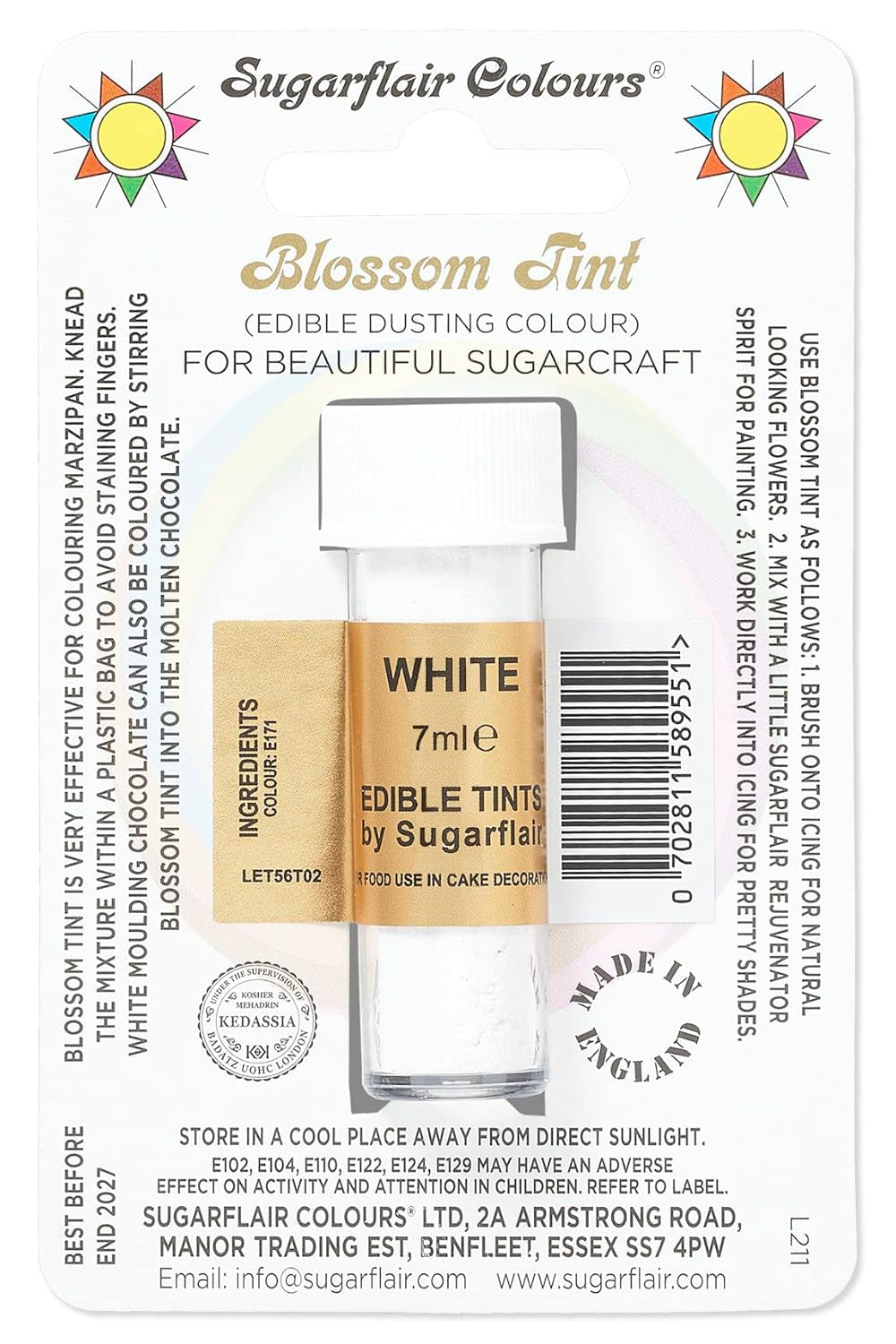 Kleurstofpoeder Sugarflair Blossom Tint Dusting, wit - Kleurstofpoeder voor het decoreren van gekleurde suikerpasta, fondant, glazuur, chocolade, botercrème, bitterkoekjes - 7 ml