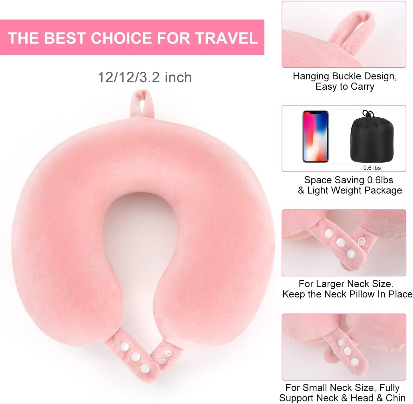 TALLGO Reisnekkussen, Beste Memory Foam Vliegtuigkussen voor Hoofdsteun, Zacht Verstelbaar Kussen voor Vliegtuig, Auto en Huis, Roze Cervicale Orthopedische Kussens Naty Shop