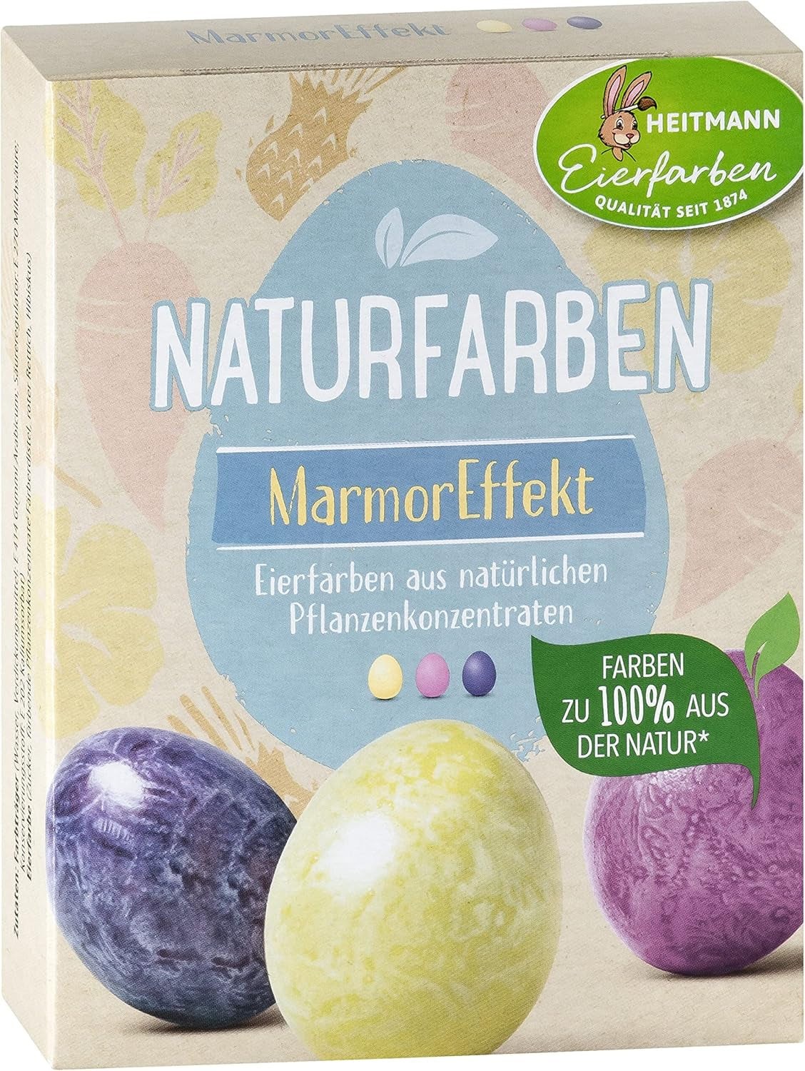 Heitmann eierverf natuurlijke kleurstofset, 3 eierverfpoeders (geel, paars, grijsblauw), stickervel van graspapier