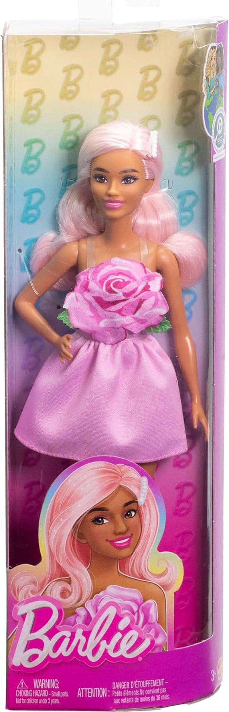 Barbie Fashionistas pop nr. 238 met pastelroze haar, strapless jurkje met roze top, parelhaarclip en hoge hakken met bandjes, HYT94 Naty Shop Dolls