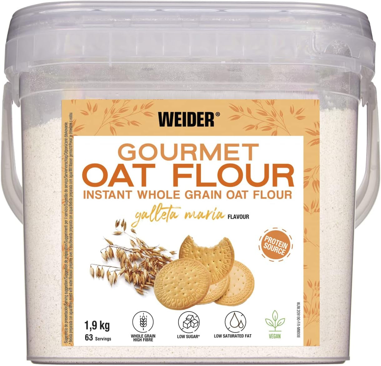 Weider Gourmet Havermout (1,9 kg) brownie smaak. Volkoren havermout. Eiwitbron met laag suikergehalte.