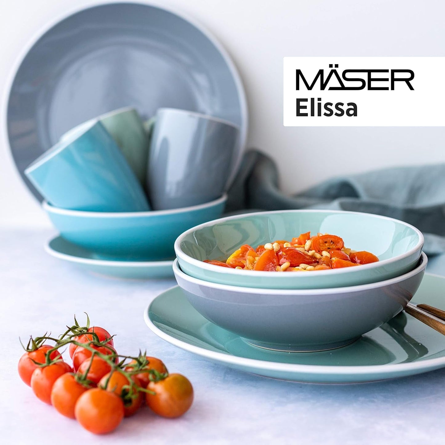 MÄSER 931844 Elissa-serie moderne serviesset voor 6 personen, blauw met witte rand, 24-delige combinatieset, keramiek