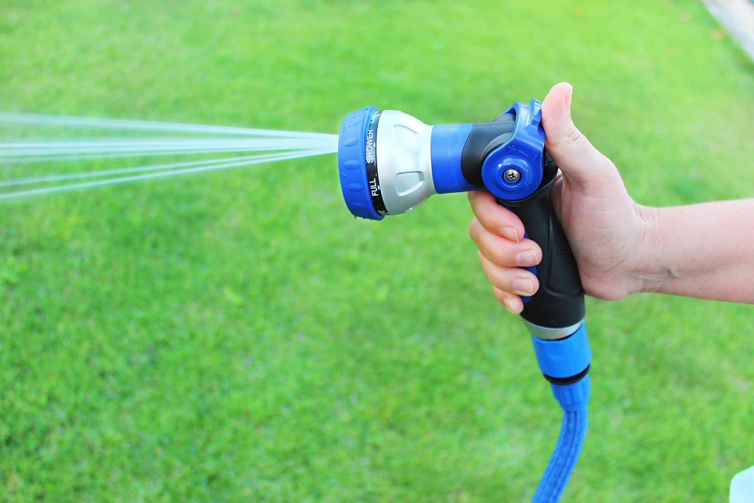 590078 – Spiraalslangenset, blauw, 15 meter (diameter 9 mm) + multifunctioneel pistool met 8 sproeiers + automatisch binnendraad met ¾-½ adapter + 2 snelkoppelingen + ophangbeugel