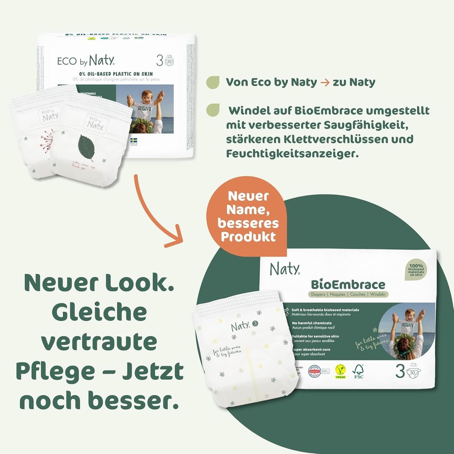 Naty BioEmbrace-babyluiers, maat 3 (4-9 kg) | 100% plantaardige materialen, zacht voor de huid | Ademende zachtheid, dermatologisch getest, uitstekende absorptie | 100 stuks