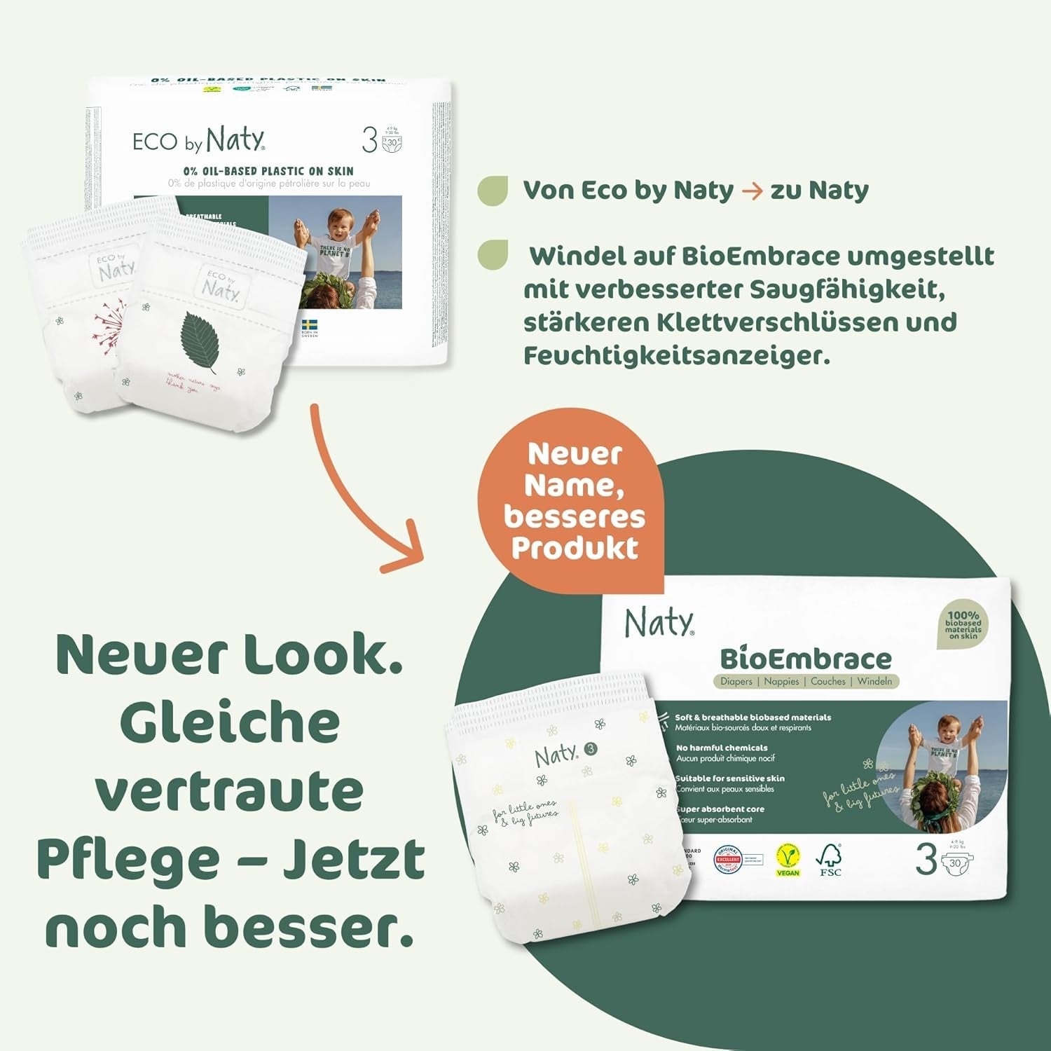 Naty BioEmbrace-babyluiers, maat 3 (4-9 kg) | 100% plantaardige materialen, zacht voor de huid | Ademende zachtheid, dermatologisch getest, uitstekende absorptie | 100 stuks