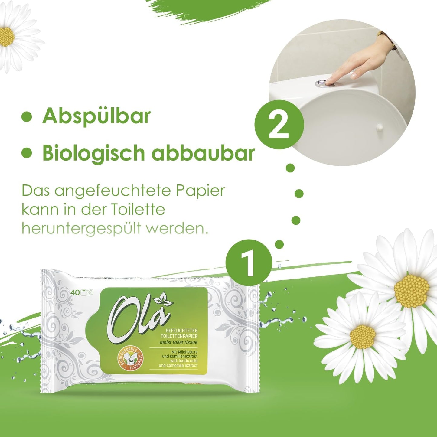 OLA nat toiletpapier - (1X40 stuks) Vochtige doekjes - kamille-extract en melkzuur, wasbaar, gevoelige huid - 40 stuks