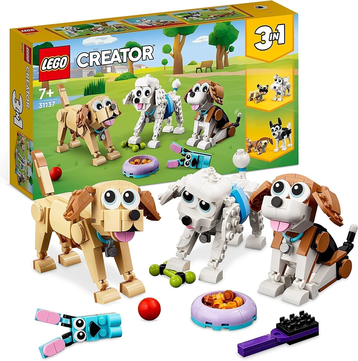 LEGO 31137 Creator 3In1 schattige hondenset met dierenfiguren Teckel, Mopshond, Poedel en meer, speelgoed voor kinderen vanaf 7 jaar, cadeau voor hondenliefhebbers Bouwsets Bekijk de LEGO-Store standaardtitel