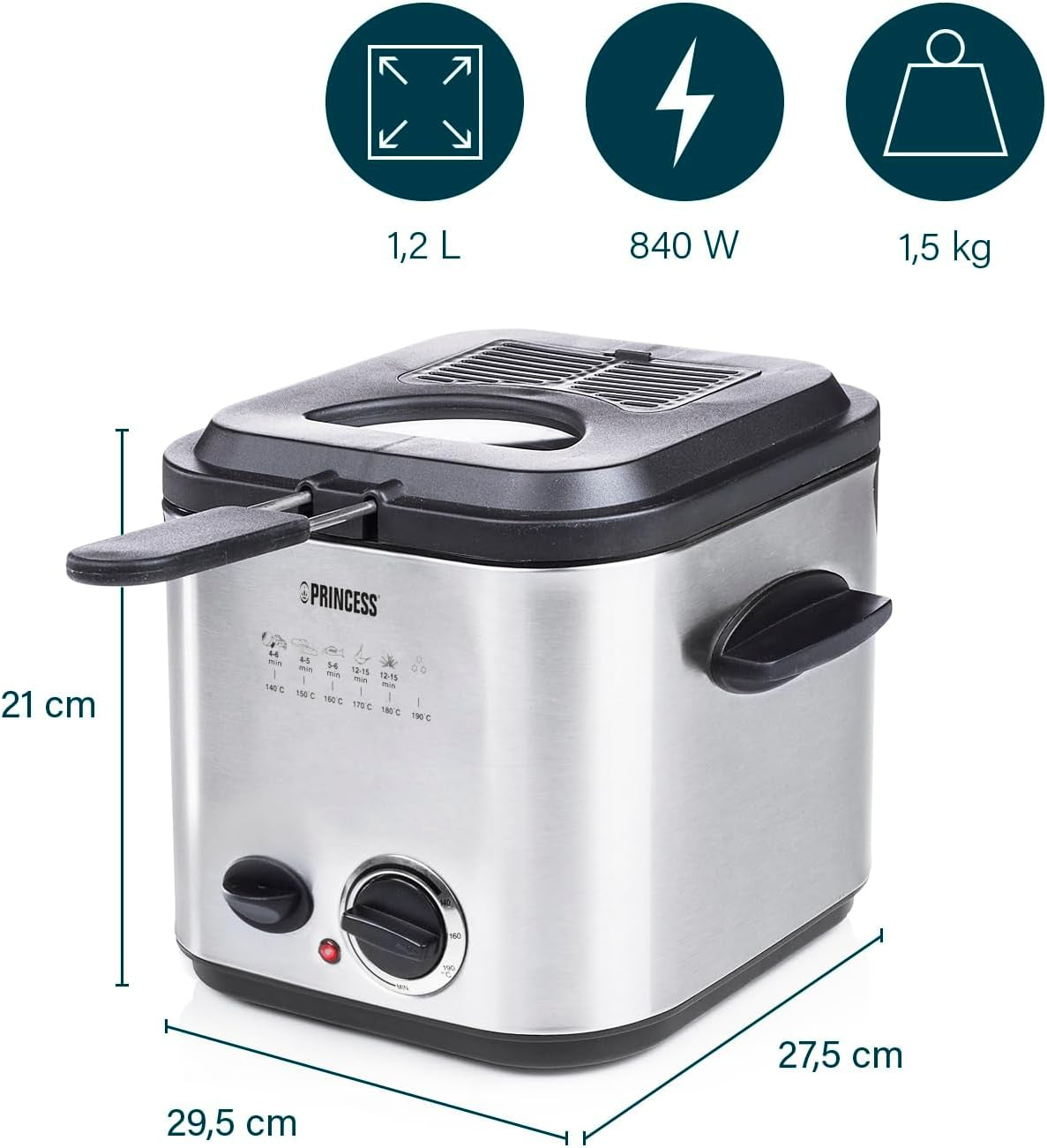 Princess 182611 Mini Fonduefriteuse - Snelle verwarming - Geurfilter - Capaciteit 1,2 liter, Zilver Huishoudelijke apparaten Naty Shop