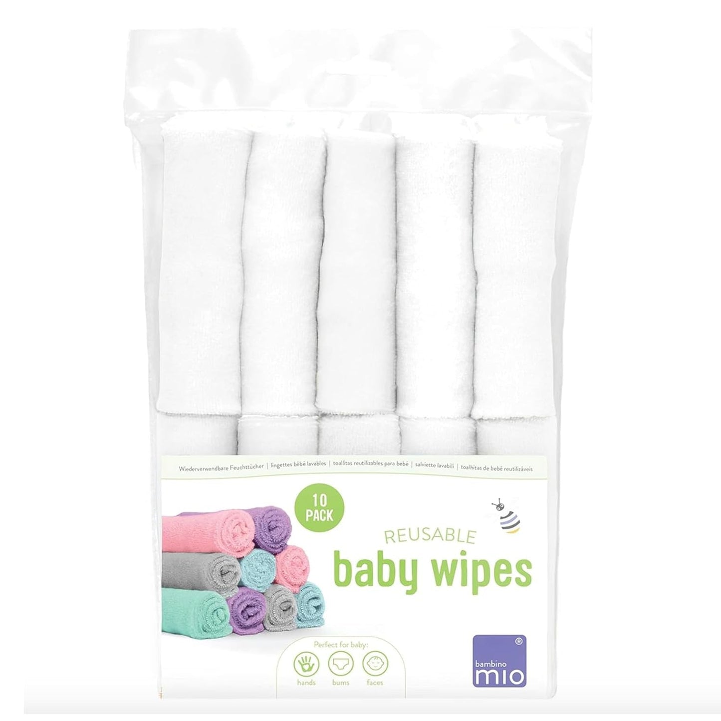 Bambino Mio Herbruikbare babydoekjes - Basic - Eco-vriendelijk, vrij van chemicaliën, dubbelzijdig, wasbaar, 10-pack, cloud - Verpakking kan variëren
