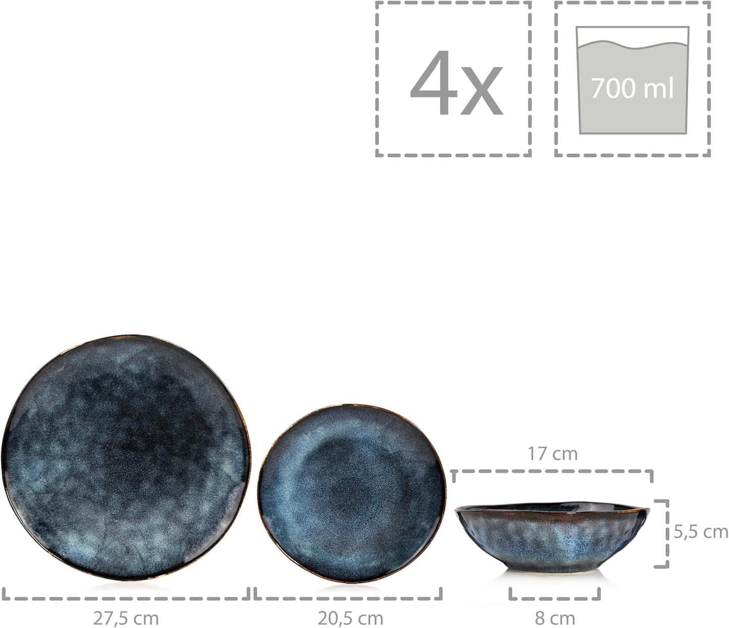 ZANGER | Tokyo Serviesset 12-delige Steengoed Serviesset voor 4 personen, inclusief dinerborden, dessertborden en schalen, donkerblauw met zwarte accenten | DE PREMIUM COLLECTIE