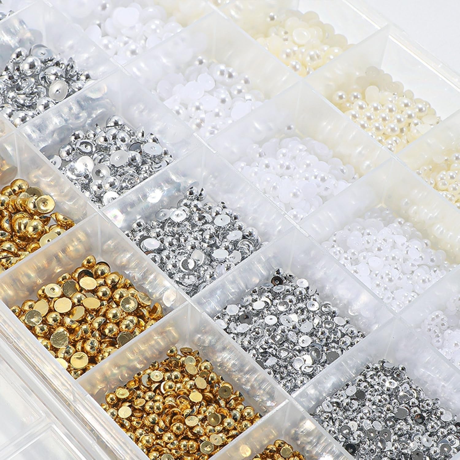 GZMAYUEN 920 Stuks Goud Zilver Plaksteen Perlen Voor Nagel, Halbrunde Weiße Beige Nagel Perlen, Kleine Halbrunde Plaksteen Perlen Voor DIY Nail Art Decor