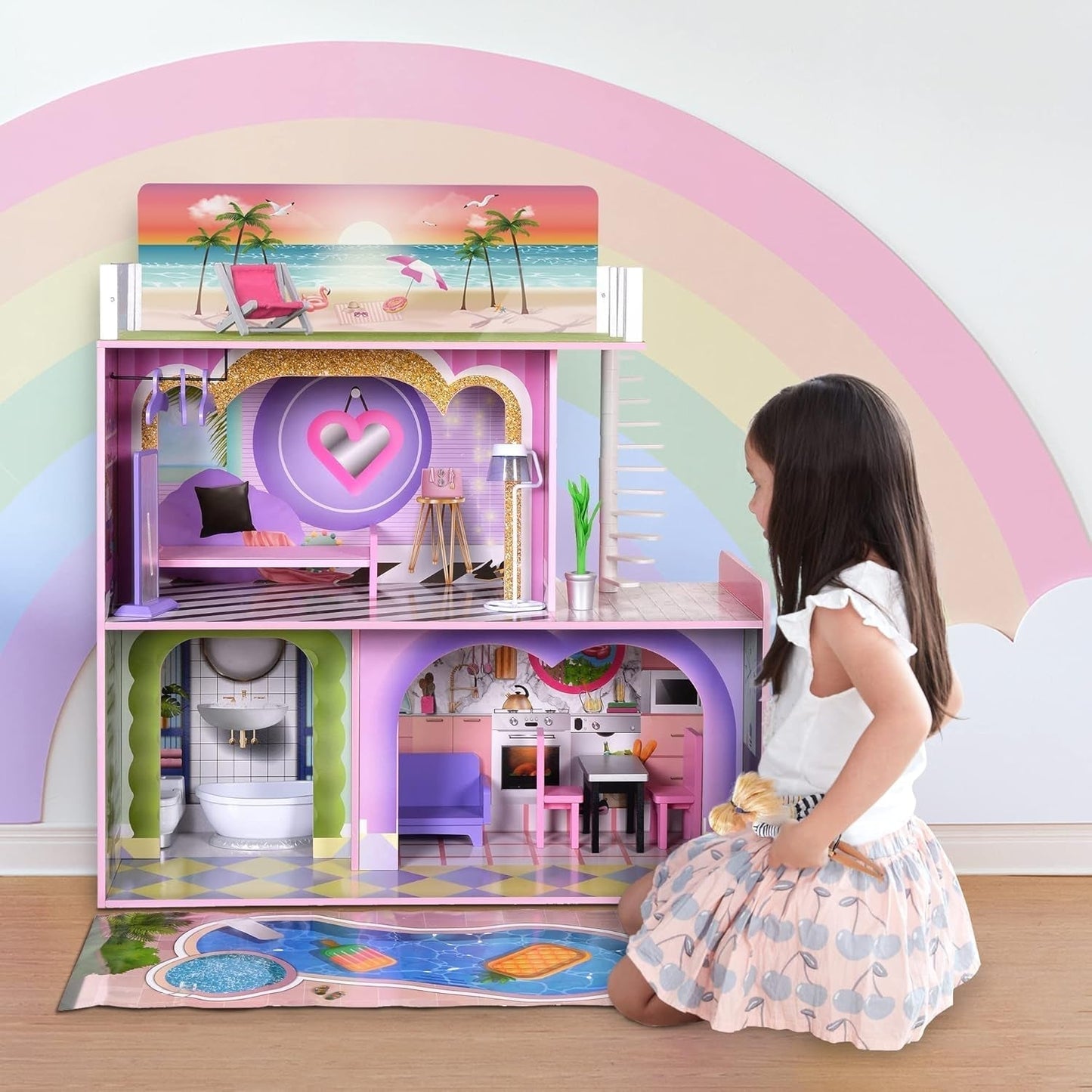 Olivia's Little World Big Dreamland Sunset Eigentijds interactief houten poppenhuis voor kinderen 3 verdiepingen met 16 poppenmeubelaccessoires Multi TD-13616A Poppenhuizen Naty Shop
