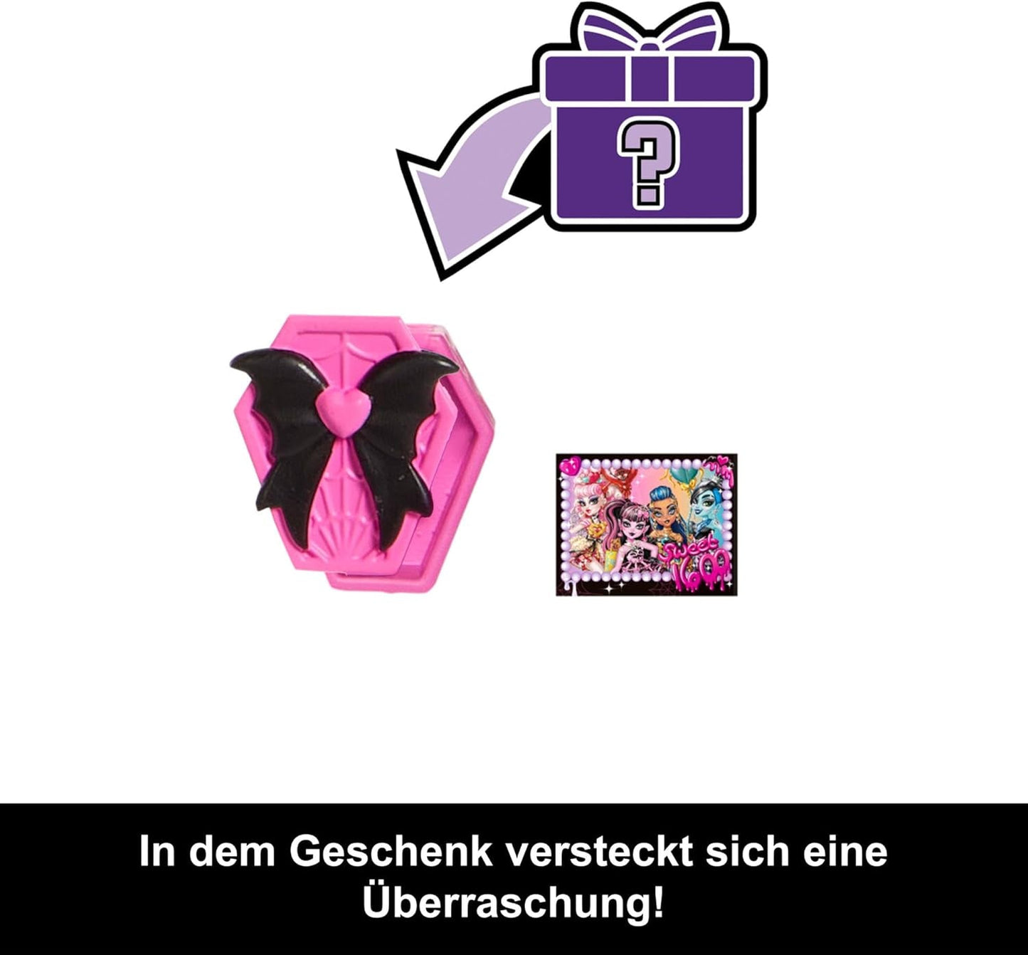Enge en lieve Monster High verjaardagspop Draculaura in een roze feestjurk met thema-accessoires zoals uitnodiging, ballon, cadeau, fans en meer, JBG74