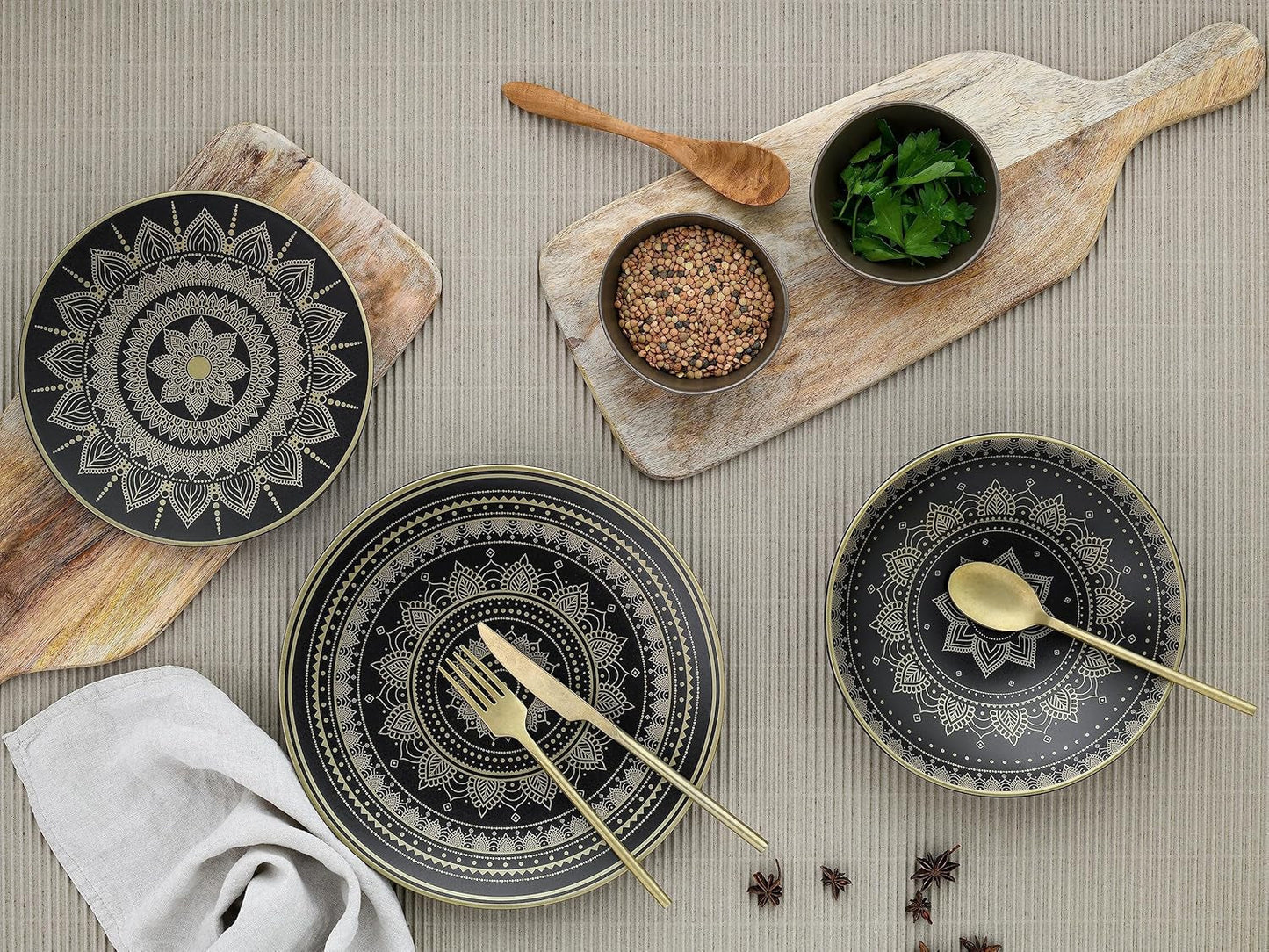 CreaTable, 23588, MANDALA GOLD-serie - Zwart, 12-delige serviesset, porseleinen bordenset, vaatwasser- en magnetronbestendig, hoogwaardige productie