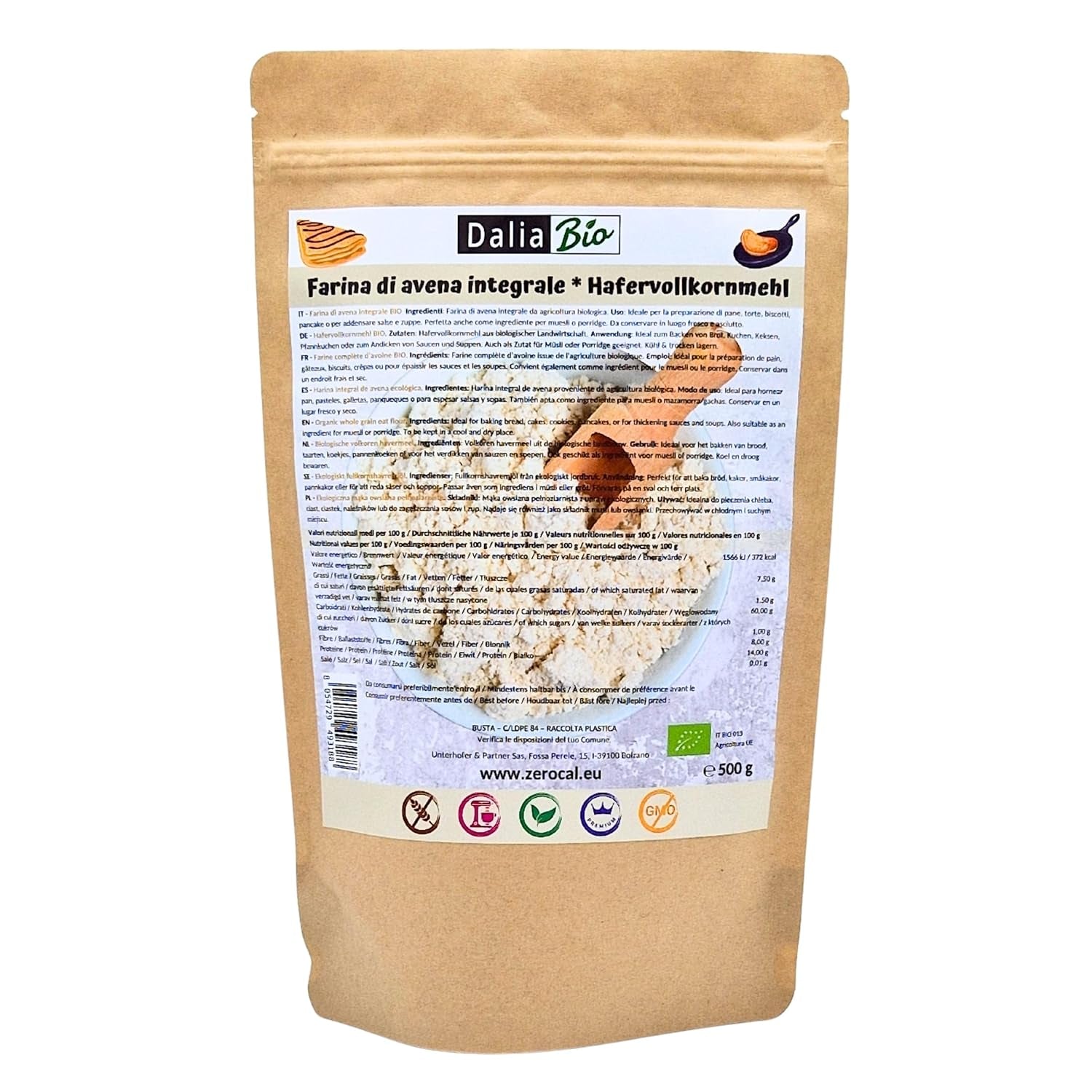 Dalia - Biologisch volkoren havermeel 500g | Glutenvrij | Rijk aan vezels en eiwitten. Herkomst: Italië | Voor brood, cake, pap en fitnessrecepten | Premium kwaliteit