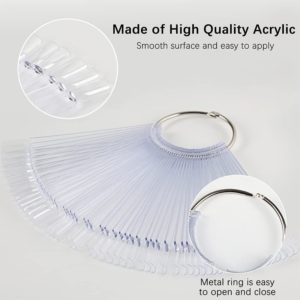 300 transparante nagelsticks, waaiervormige nagelontwerpen, kleurendisplaytips met 6 metalen ringen, kunstnagelplaat voor nagelsalon en gellakoefening voor beginners