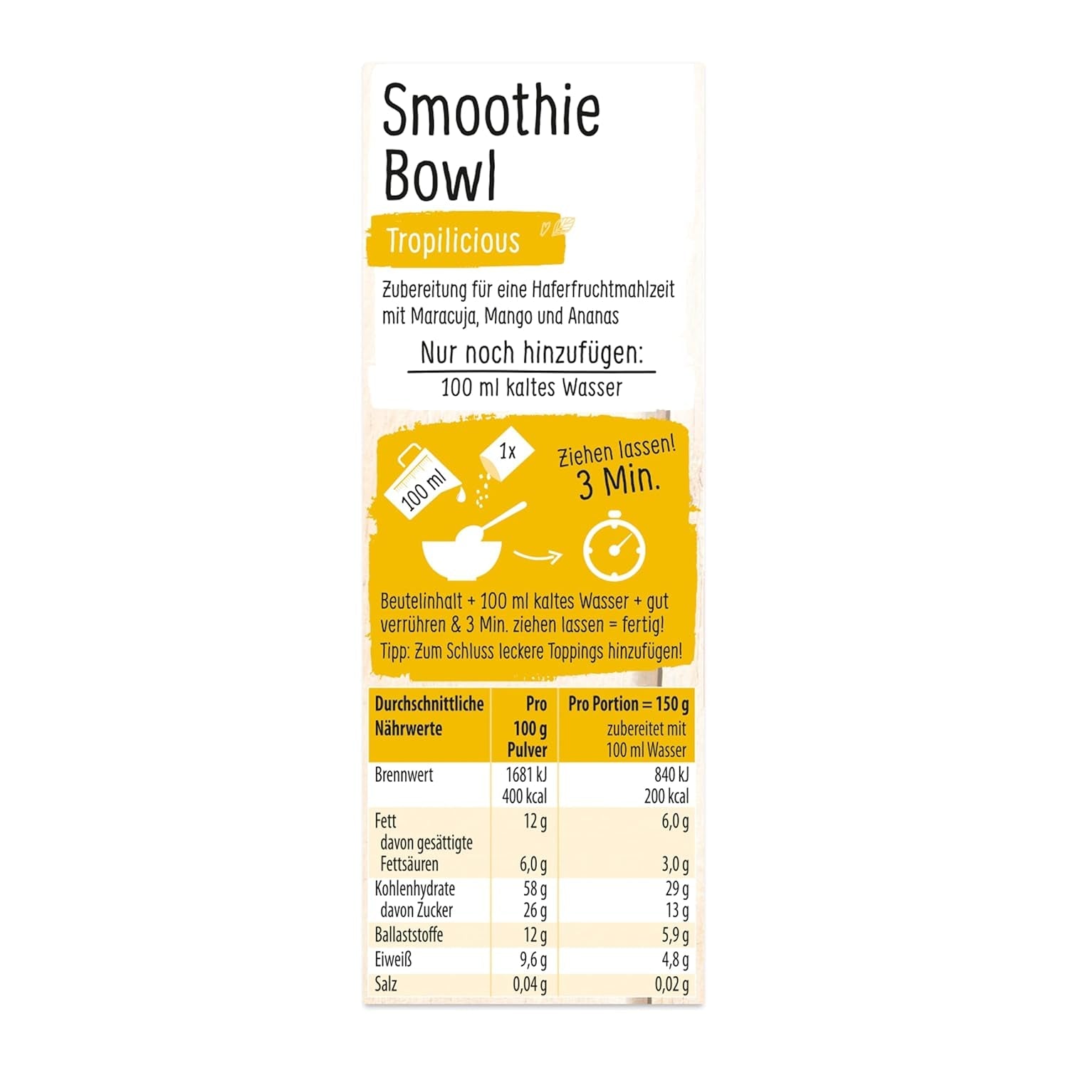 RUF Smoothie Bowl Tropilicious Mango Passievrucht Haver Ontbijtsnack Snel en gemakkelijk Veganistisch 1 zakje x 50 g (pak van 3)