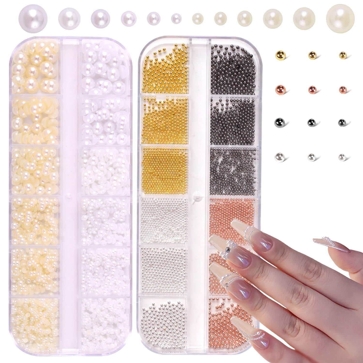 GZMAYUEN Nail Art Perlen Micro Caviar Für Nägel, 0.3-3Mm Goldene Silber Mini Caviar Strasssteine, Weiß Beige Mini Nägel Perlen Mikroperlen Dekor Für Nägel