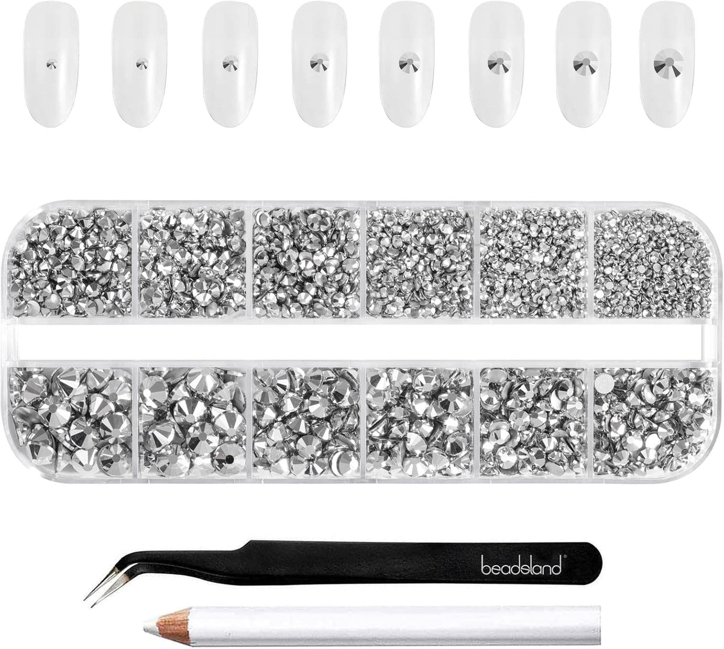 Beadsland 2500 stuks glas Nailart Strasssteine ​​Kristall Flatback Edelsteine ​​Runde, voor handwerk Gemischt 8 Größen SS4 ~ SS30 Mit Picking Pinzette en Stift (Kristall Weiss)
