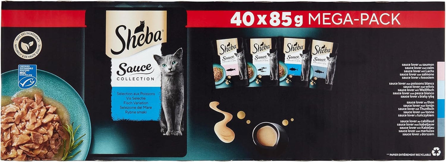 Sheba Sauce Collection Freshness Sachets, natvoer, visselectie voor volwassen katten, 4 varianten, 40 x 85 g