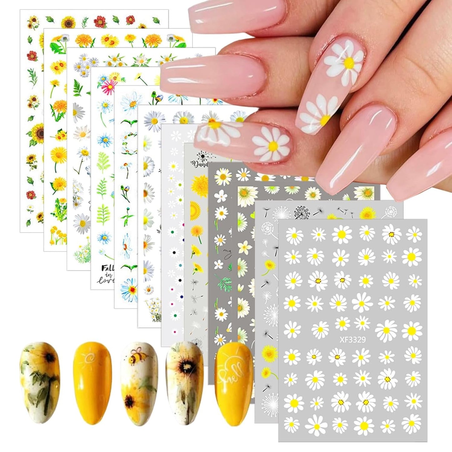 12 vellen nagelsticker met 3D-effect UV-uitharding langdurige bloem nagelstickers gele witte margriet nagelkunststickers