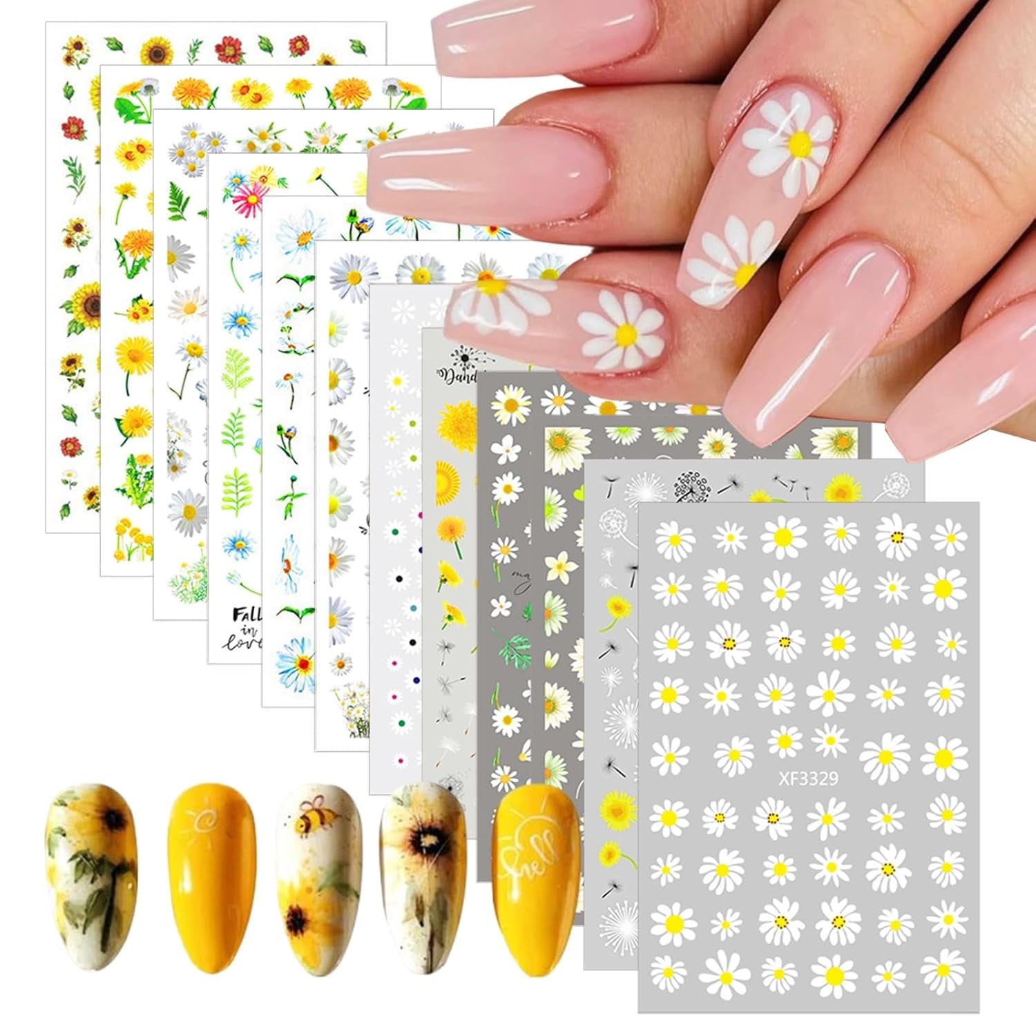 12 vellen nagelsticker met 3D-effect UV-uitharding langdurige bloem nagelstickers gele witte margriet nagelkunststickers