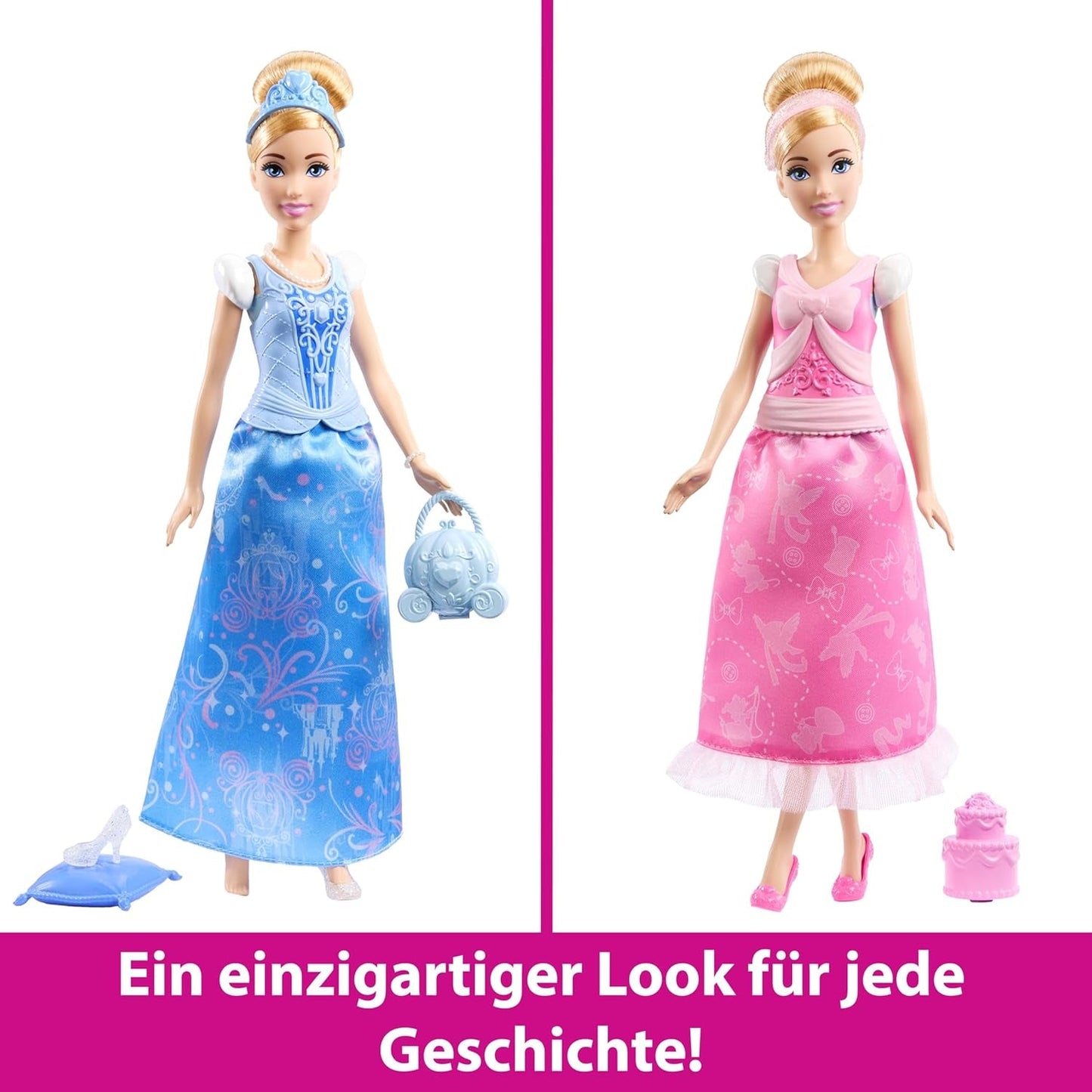 Mattel Disney Princess Toys Assepoester modepop met 2 outfits, 9 accessoires, 2 topjes met clips en 2 rokken. 2-in-1-verhalen geïnspireerd op de Disney-film JCR95