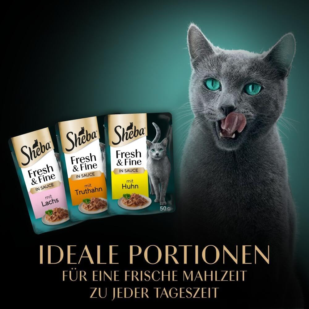 Sheba Portion Pouches Natvoer voor katten, multipack Fresh & Fine in saus met MSC kip en zalm, 6x6x50g - Fijne maaltijden voor katten in saus