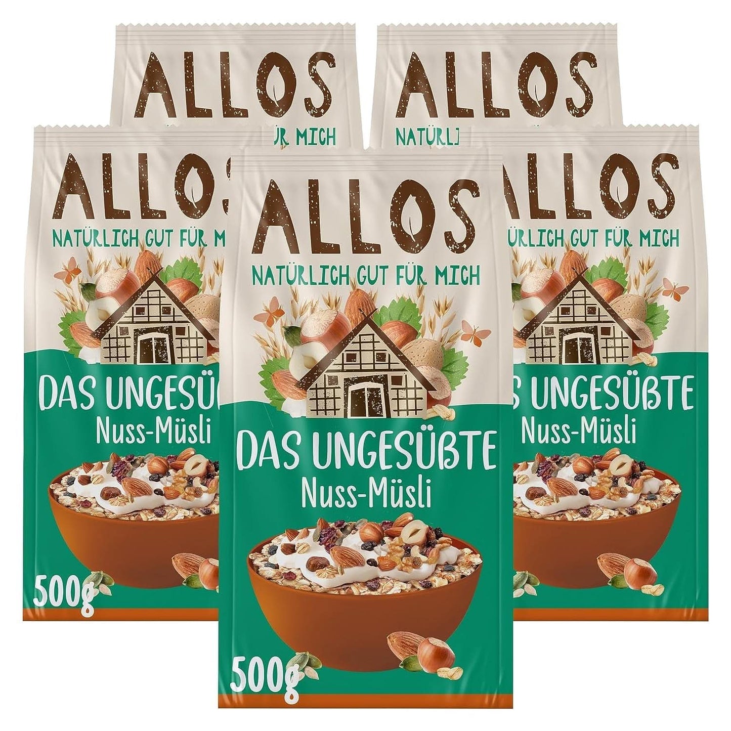 Allos, ongezoete bessenmuesli, verpakking 5 x 500 gram Granen Naty Shop Hazelnoten