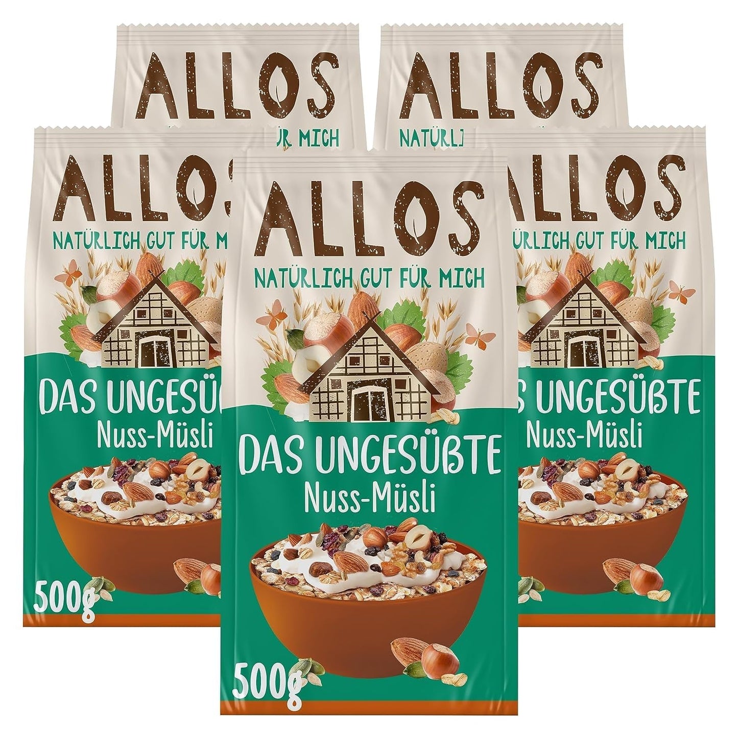 Allos ongezoete eiwitmuesli | Biologische Muesli | Havermout | Ontbijtgranen | Veganistisch (5 x 450 g), 1 stuk (pak van 5)