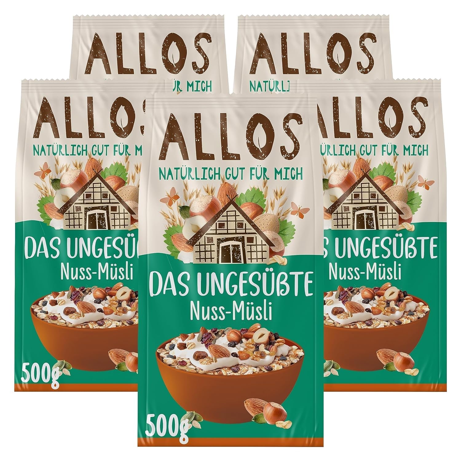 Allos ongezoete eiwitmuesli | Biologische Muesli | Havermout | Ontbijtgranen | Veganistisch (5 x 450 g), 1 stuk (pak van 5)
