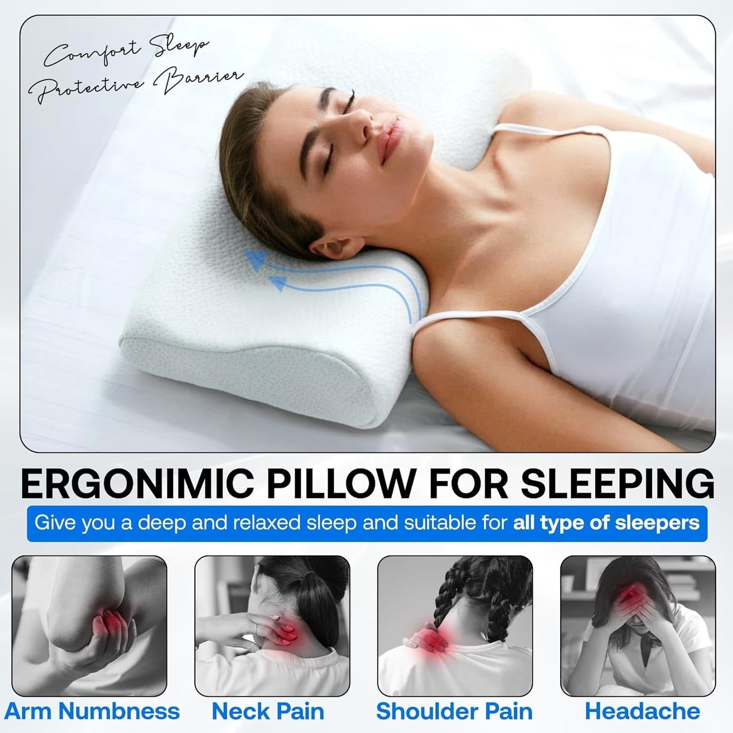 Orthopedisch neksteunkussen van traagschuim - Ergonomisch kussen, anti-snurkkussen voor zij-, buik- en rugslapers, kussen, 60 cm x 40 cm x 12 cm Cervicale orthopedische kussens Naty Shop