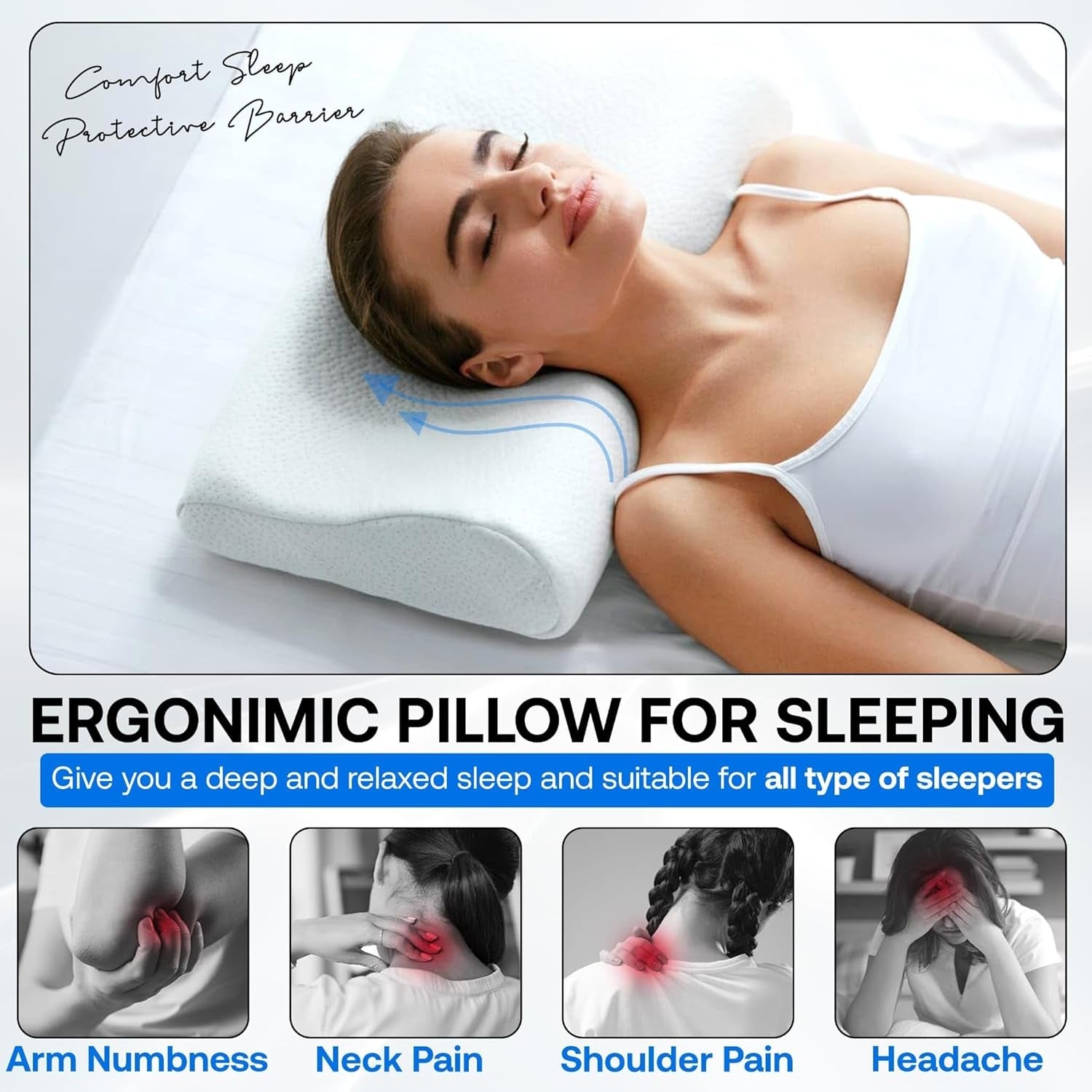 Orthopedisch neksteunkussen van traagschuim - Ergonomisch kussen, anti-snurkkussen voor zij-, buik- en rugslapers, kussen, 60 cm x 40 cm x 12 cm Cervicale orthopedische kussens Naty Shop