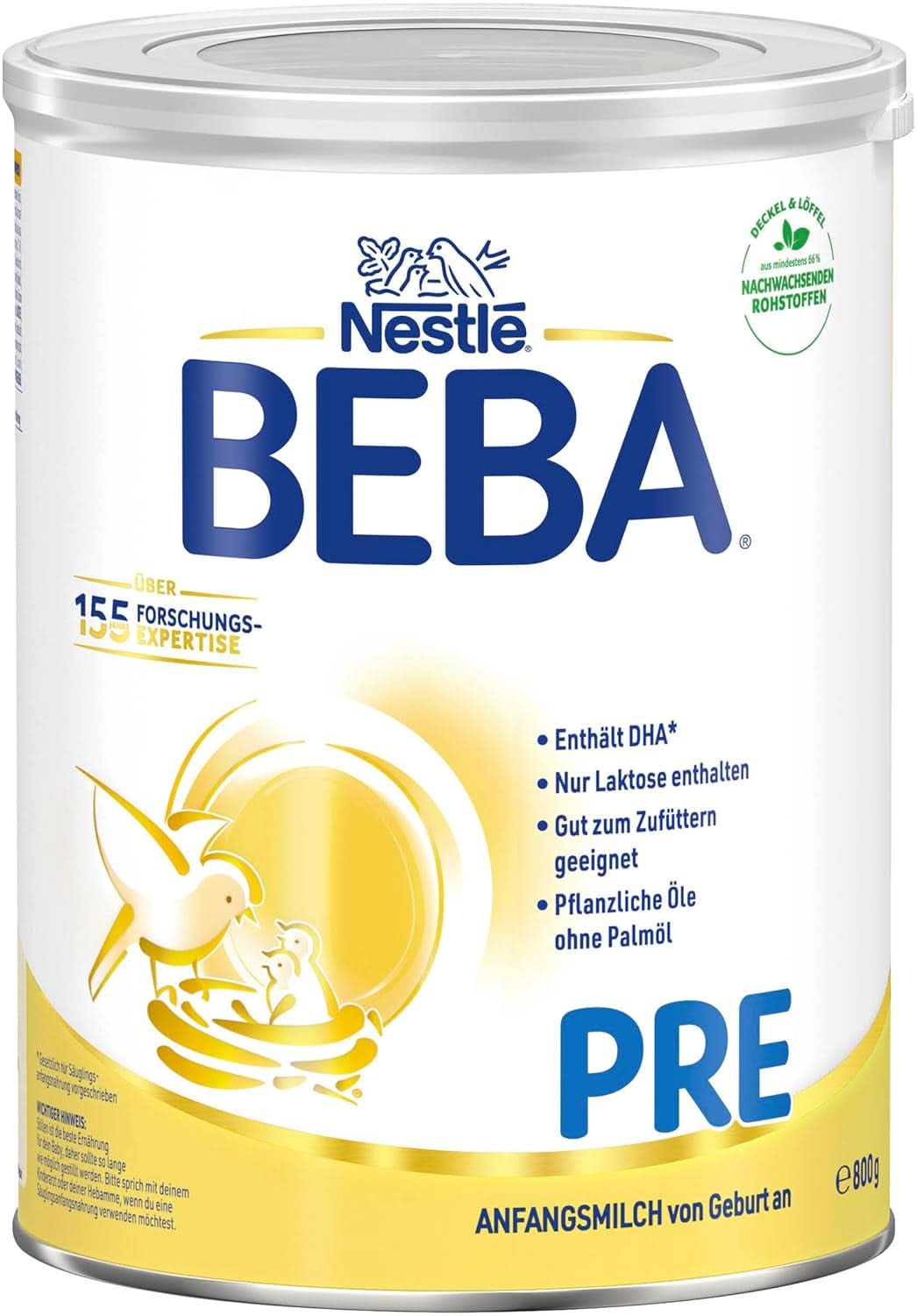BEBA PRE Eerste melk vanaf de geboorte, babyvoeding met DHA, alleen lactose, geen palmolie, pakket 3 (3 x 800 g) Naty Shop