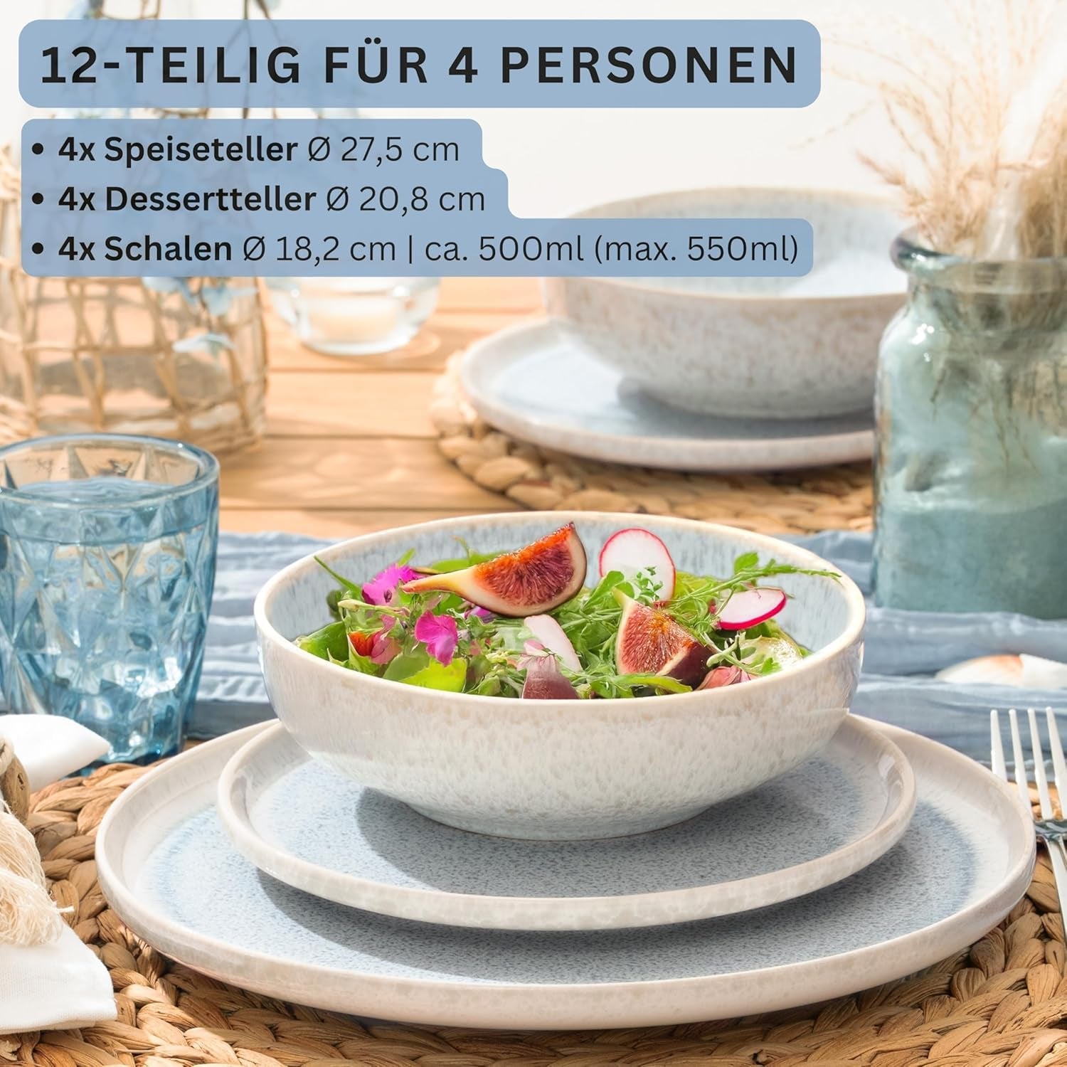 ZANGER | 12-delige Santorini Serviesset 4-persoons Bordenset ZEER GOED Beoordeeld Steengoed Serviesset Inclusief Dinerborden, Dessertborden en Suma Borden Crème Lila Blauw Gradiënt | DE PREMIUM COLLECTIE