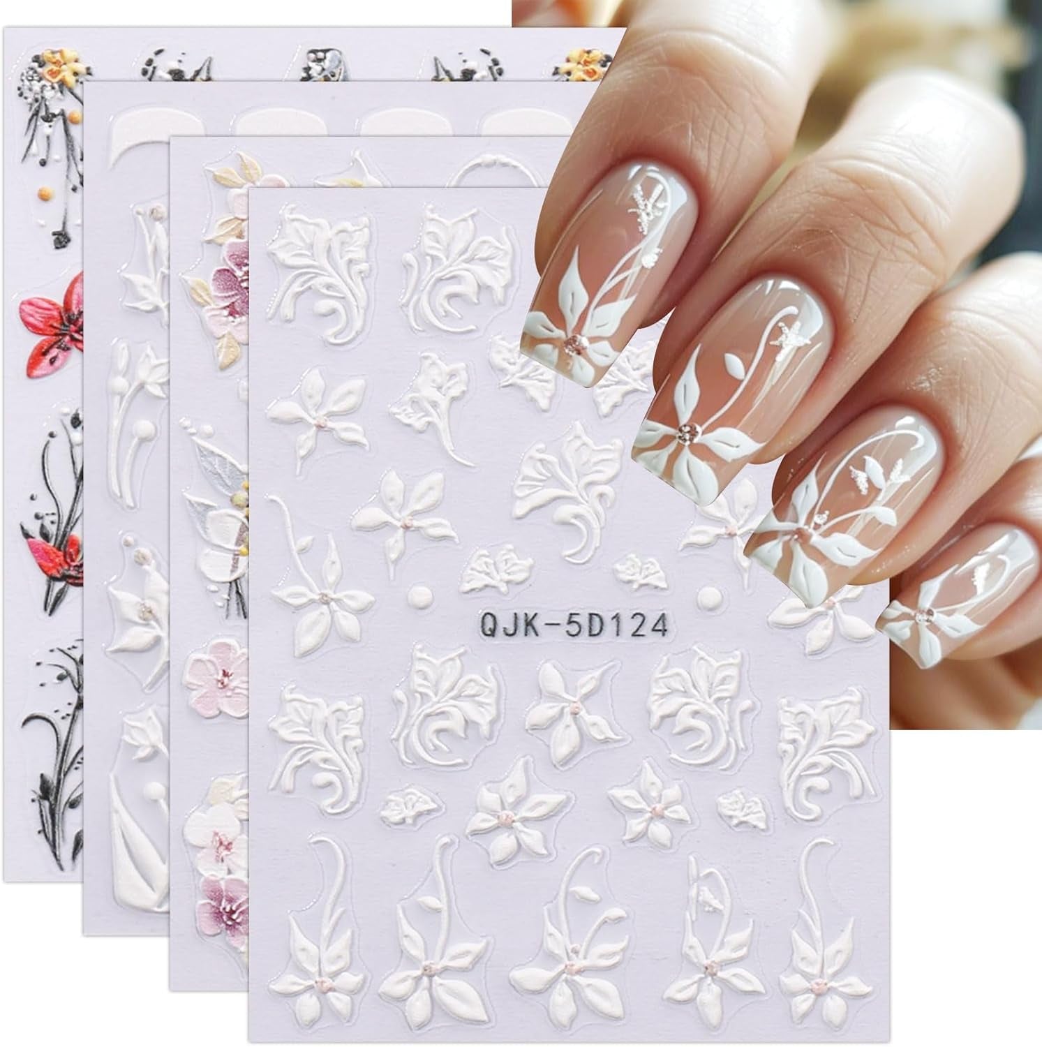 JMEOWIO 3D Nagelsticker Blumen Nail Art Sticker Selbstklebend Nagelaufkleber 5D Stereoskopisch Frühling Zomer Decoratie Nageldesign Zubehör 4 Blatt