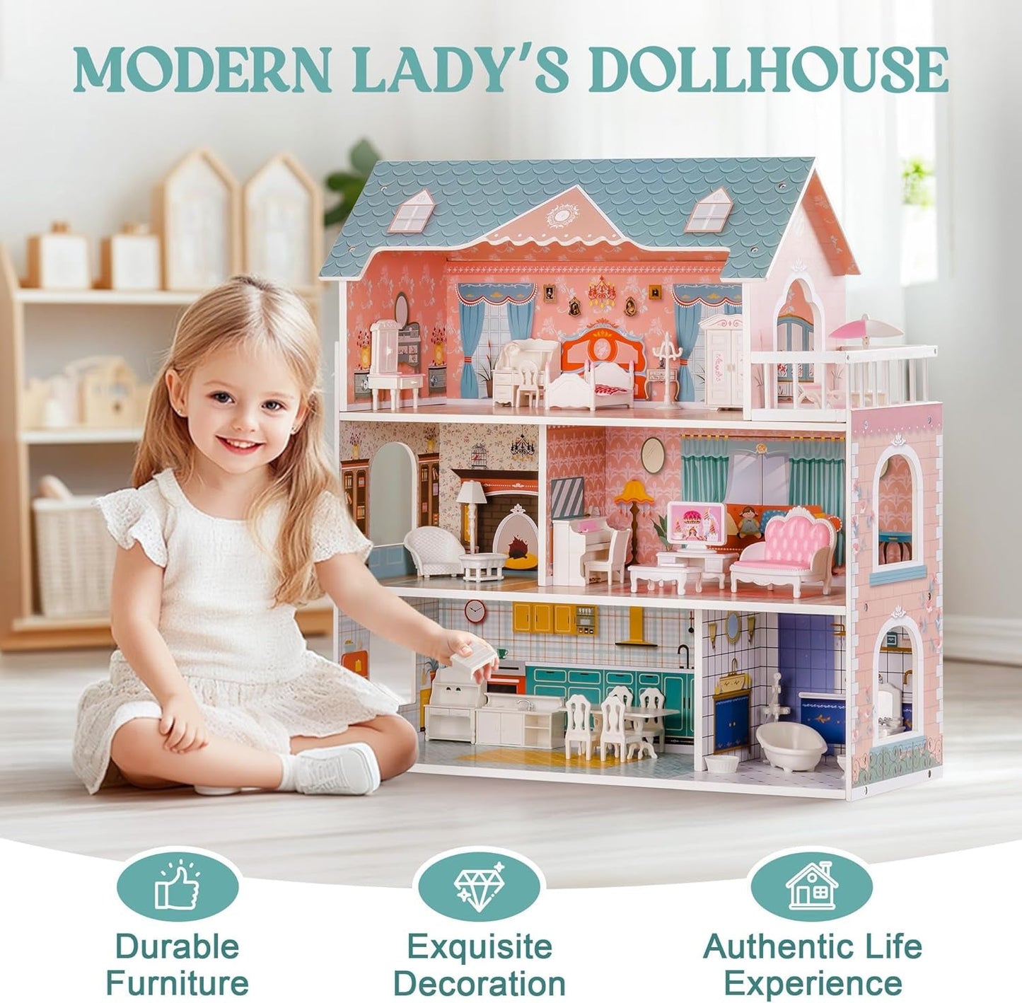 ROBUD Houten poppenhuis met meubels en accessoires Meisjeshuizen Speelhuis Kinderspeelgoed