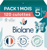 BIOLANE - Korte luiers - Maat 5 (12-18 kg) - 12 uur strakheid - 1 maandverpakking - 120 luiers - ecologisch